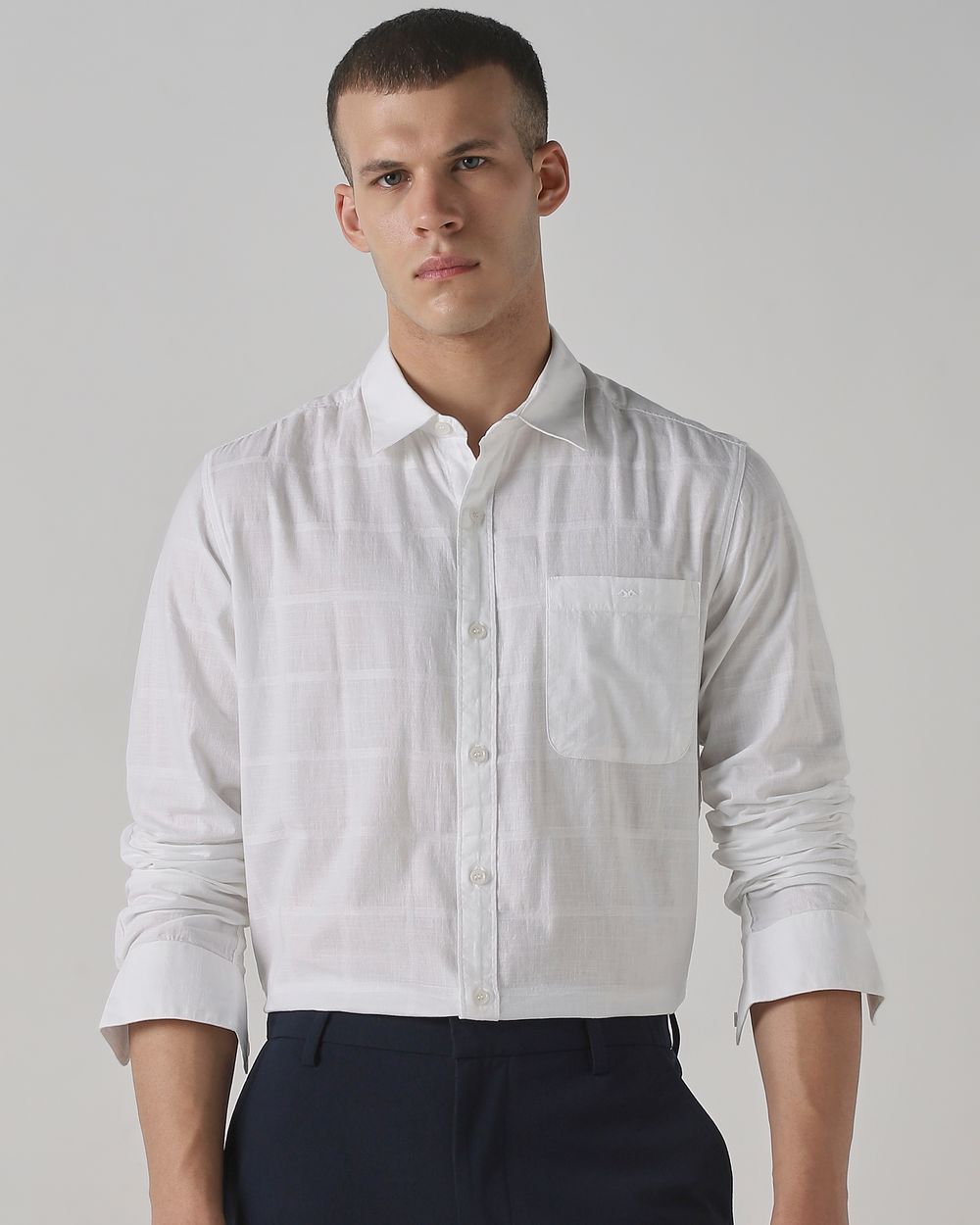 White Textured Plain Slim Fit Casual Shirt