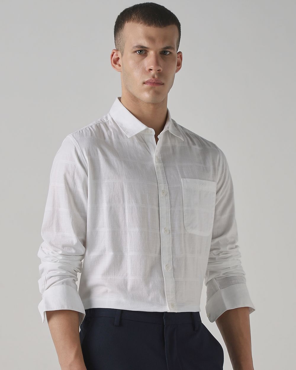 White Textured Plain Slim Fit Casual Shirt