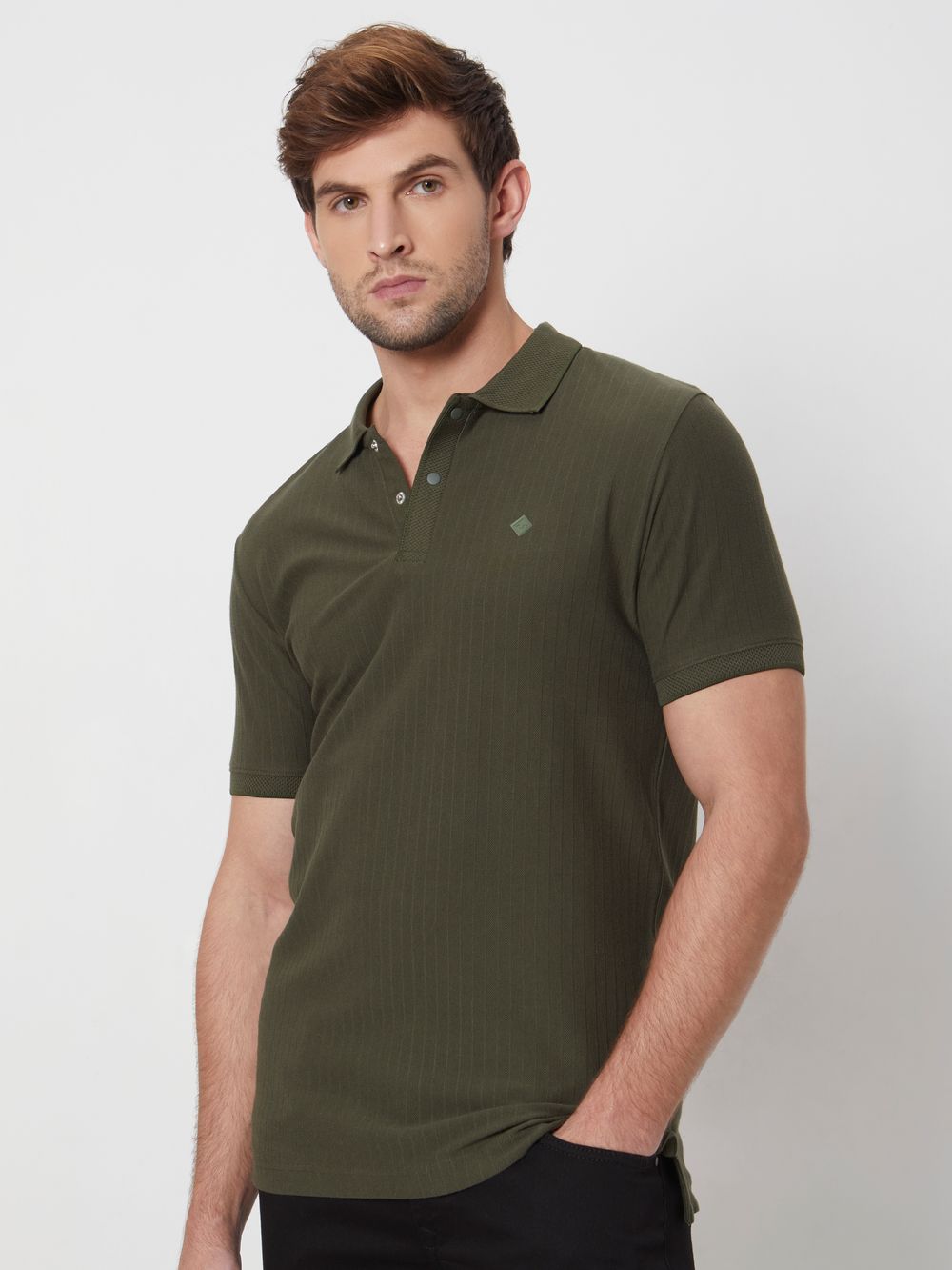 Olive Textured Plain Slim Fit Casual Polo T-Shirt