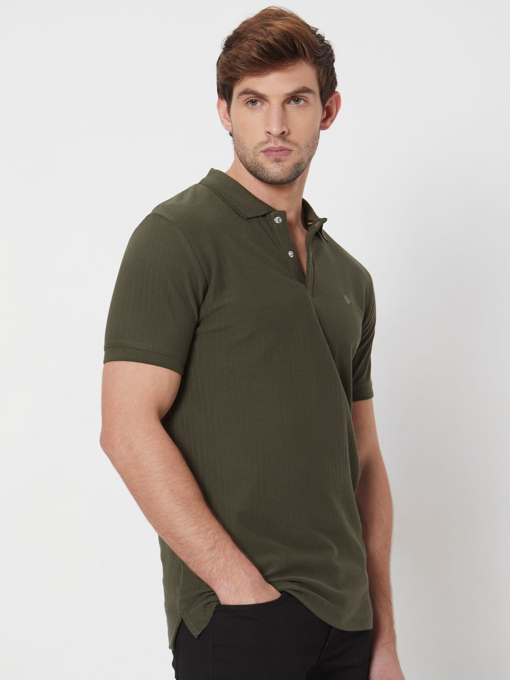 Olive Textured Plain Slim Fit Casual Polo T-Shirt