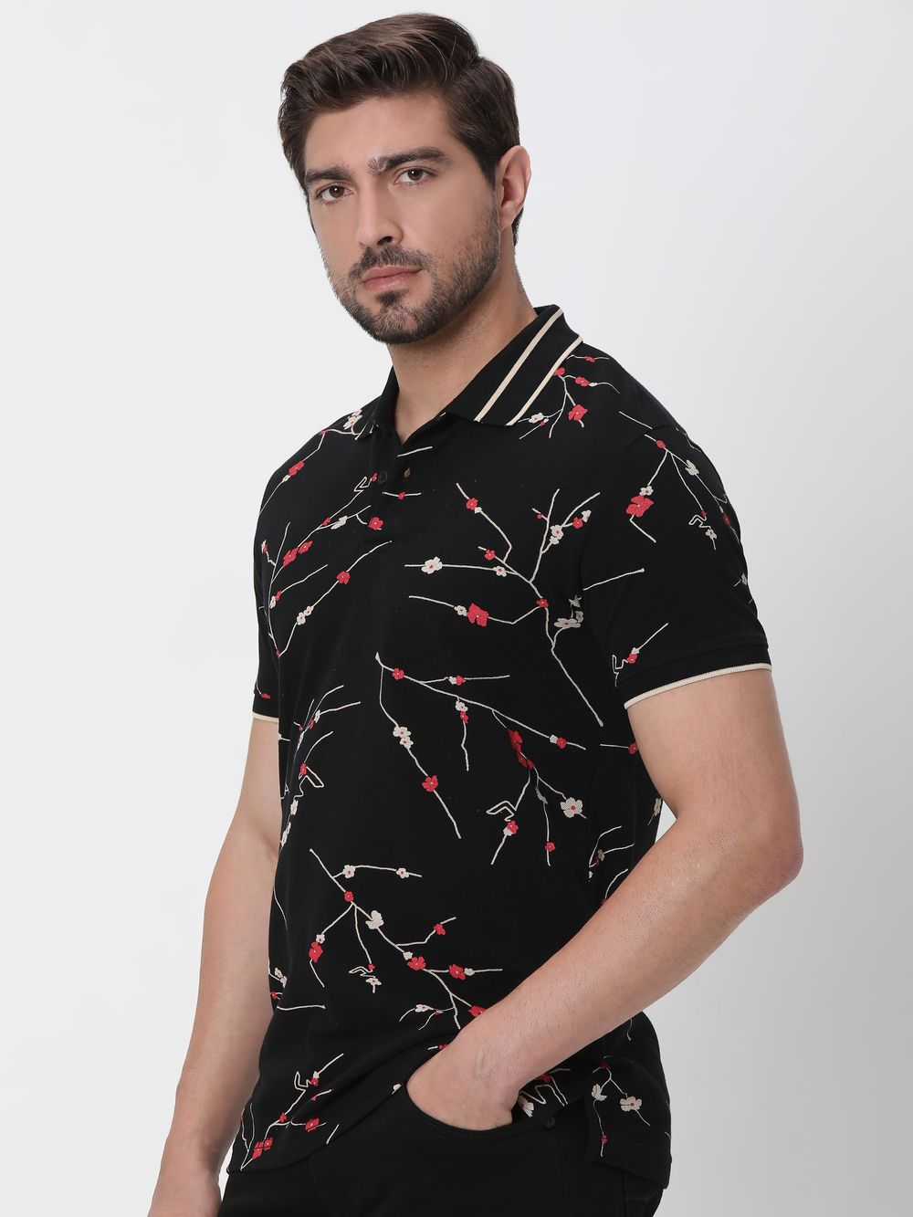 Black Floral Print Slim Fit Polo