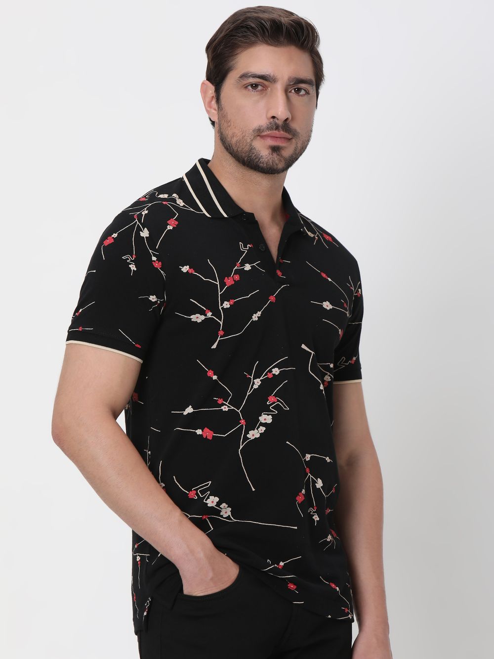 Black Floral Print Slim Fit Polo