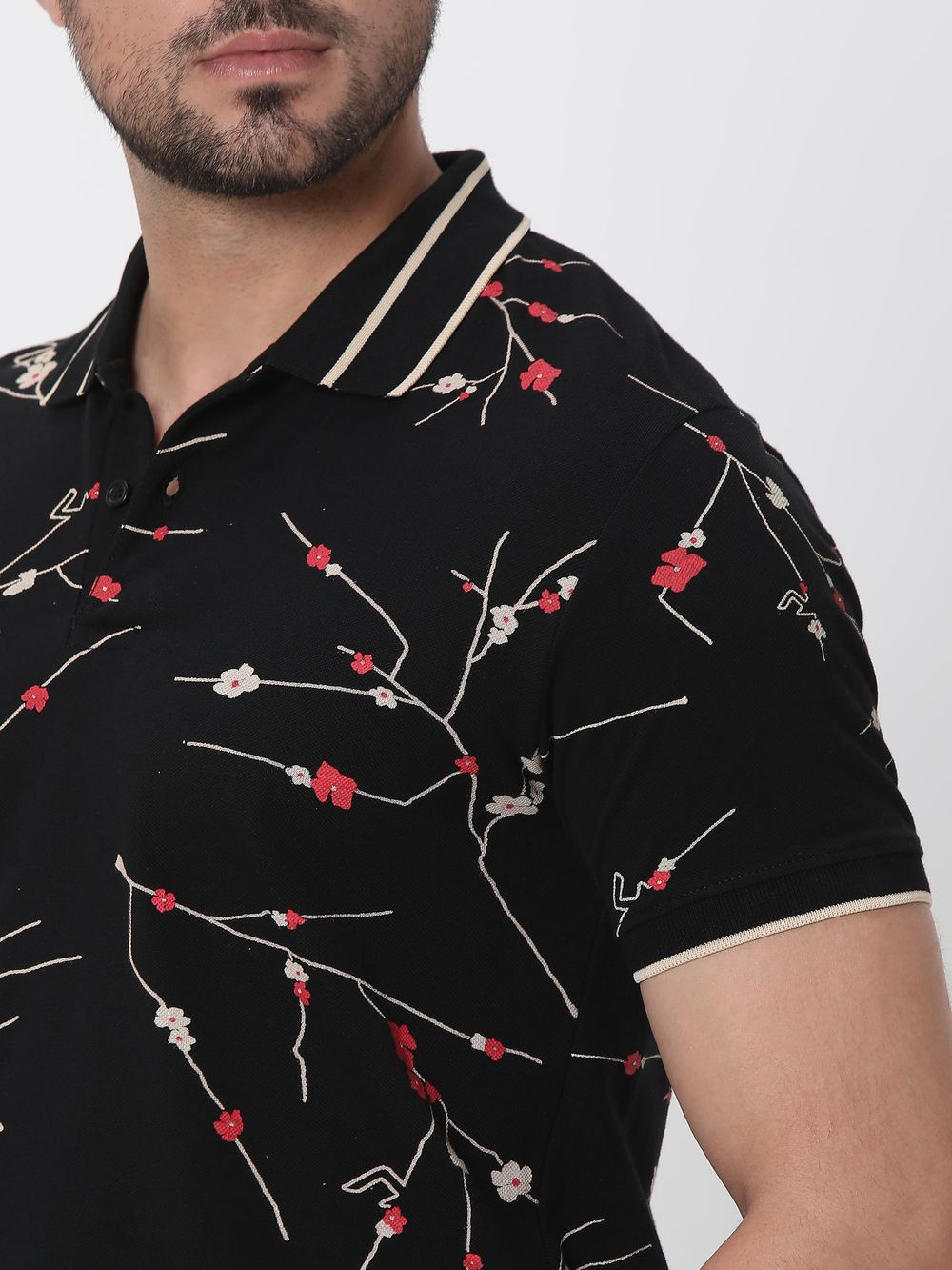 Black Floral Print Slim Fit Polo