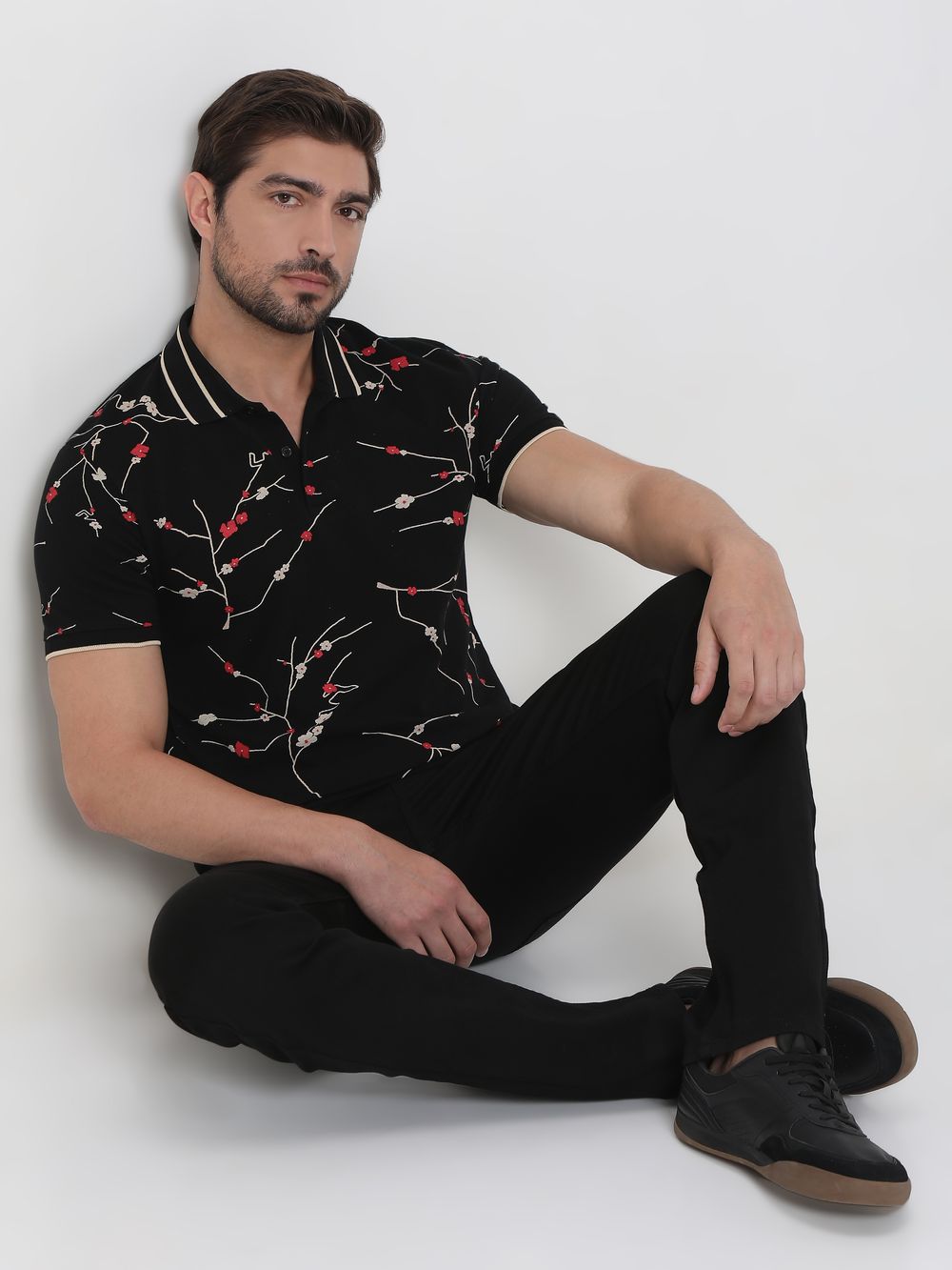 Black Floral Print Slim Fit Polo