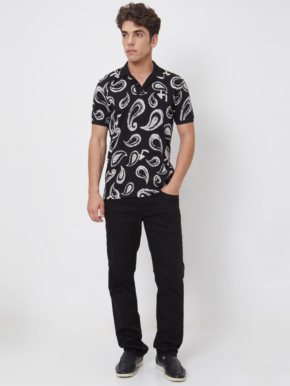 Black Paisley Print Slim Fit Casual Polo