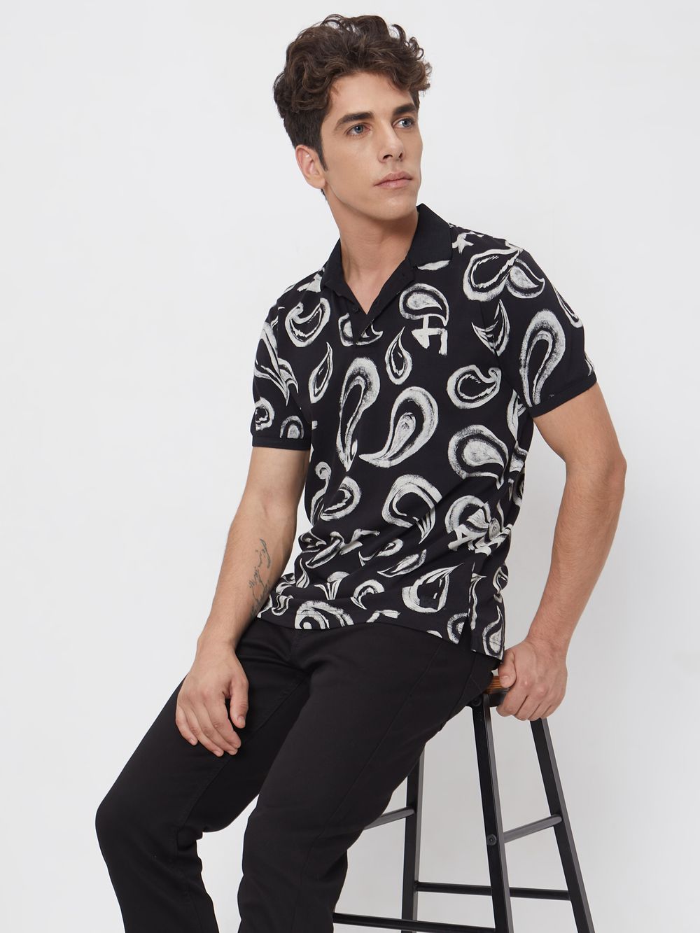 Black Paisley Print Slim Fit Casual Polo