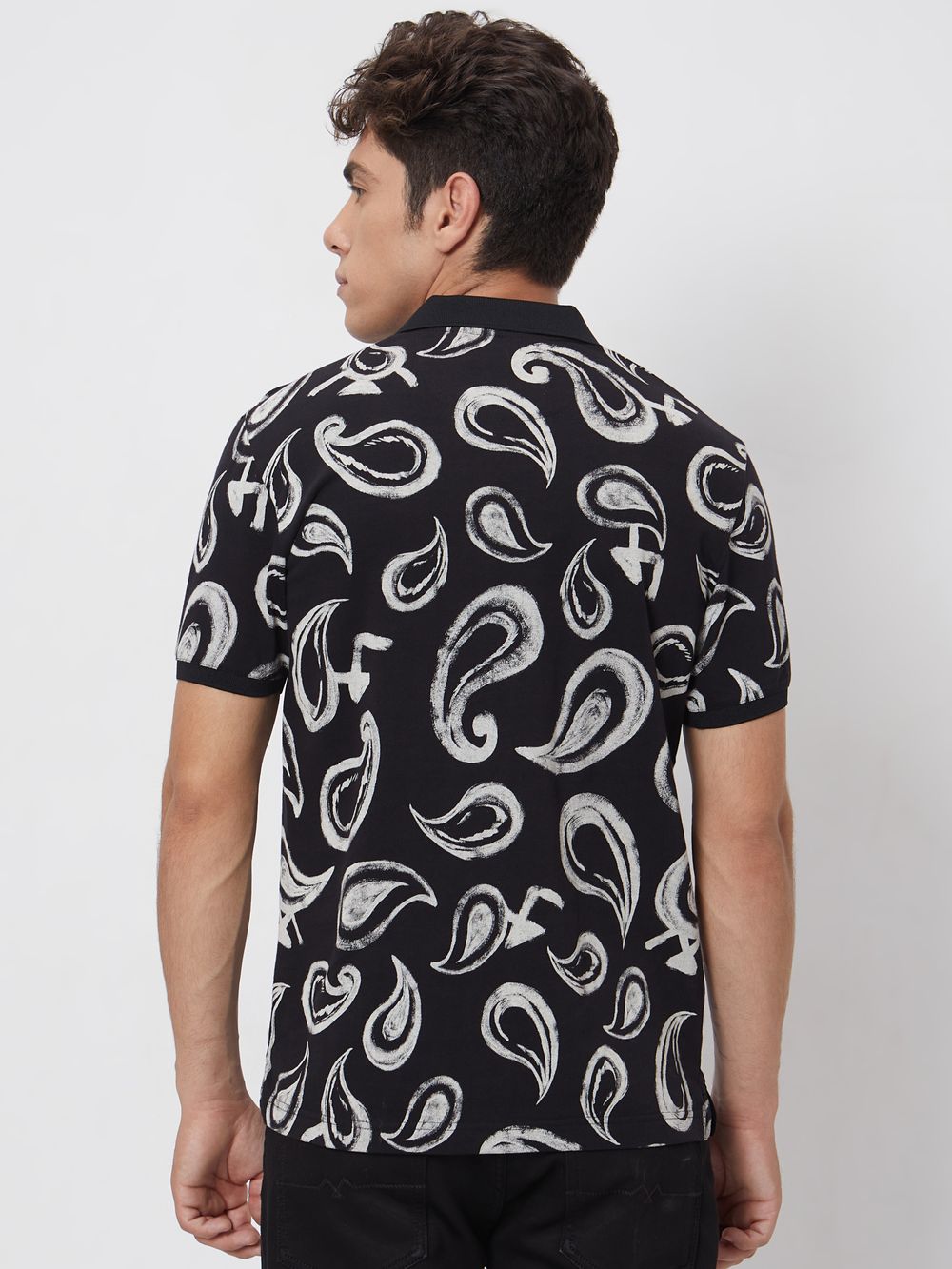 Black Paisley Print Slim Fit Casual Polo