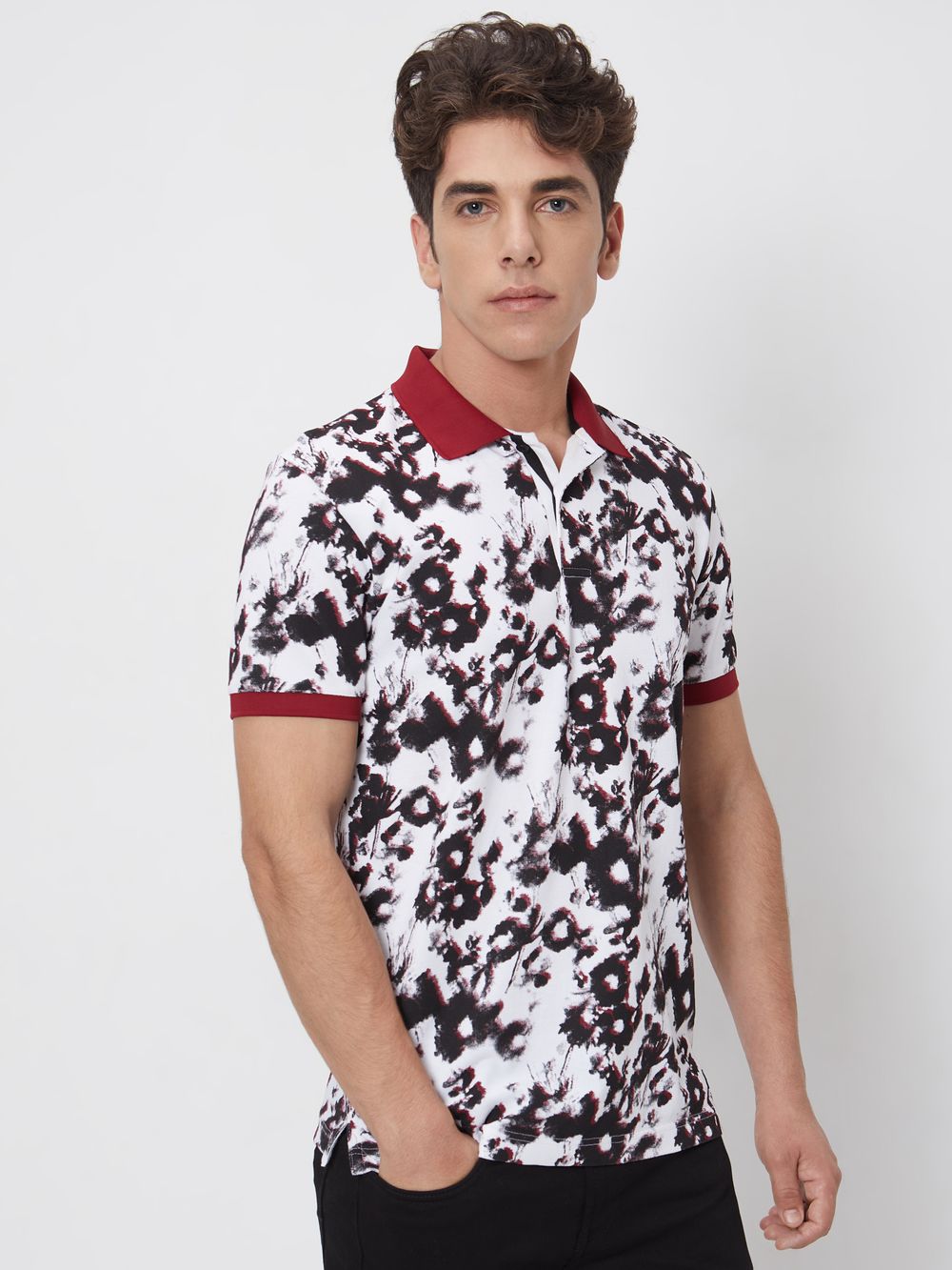White Floral Print Slim Fit Casual Polo