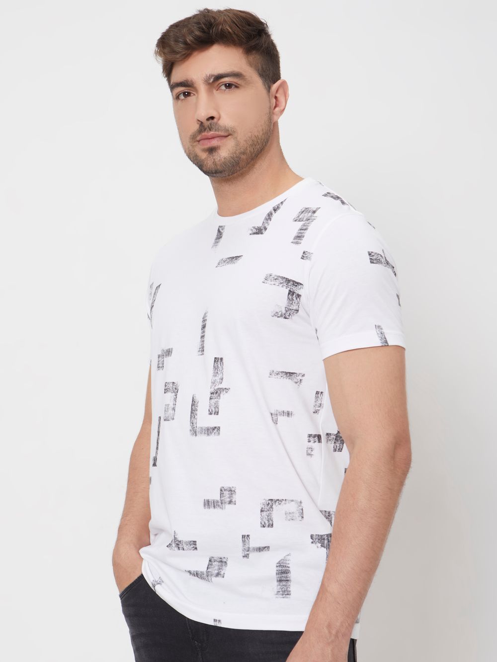White Geometric Print Slim Fit Jersey T-Shirt