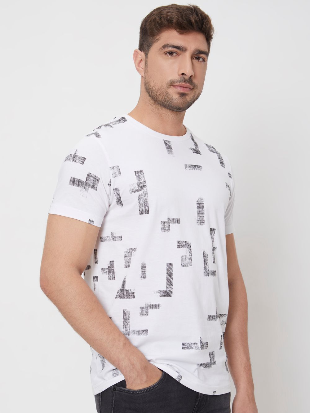 White Geometric Print Slim Fit Jersey T-Shirt