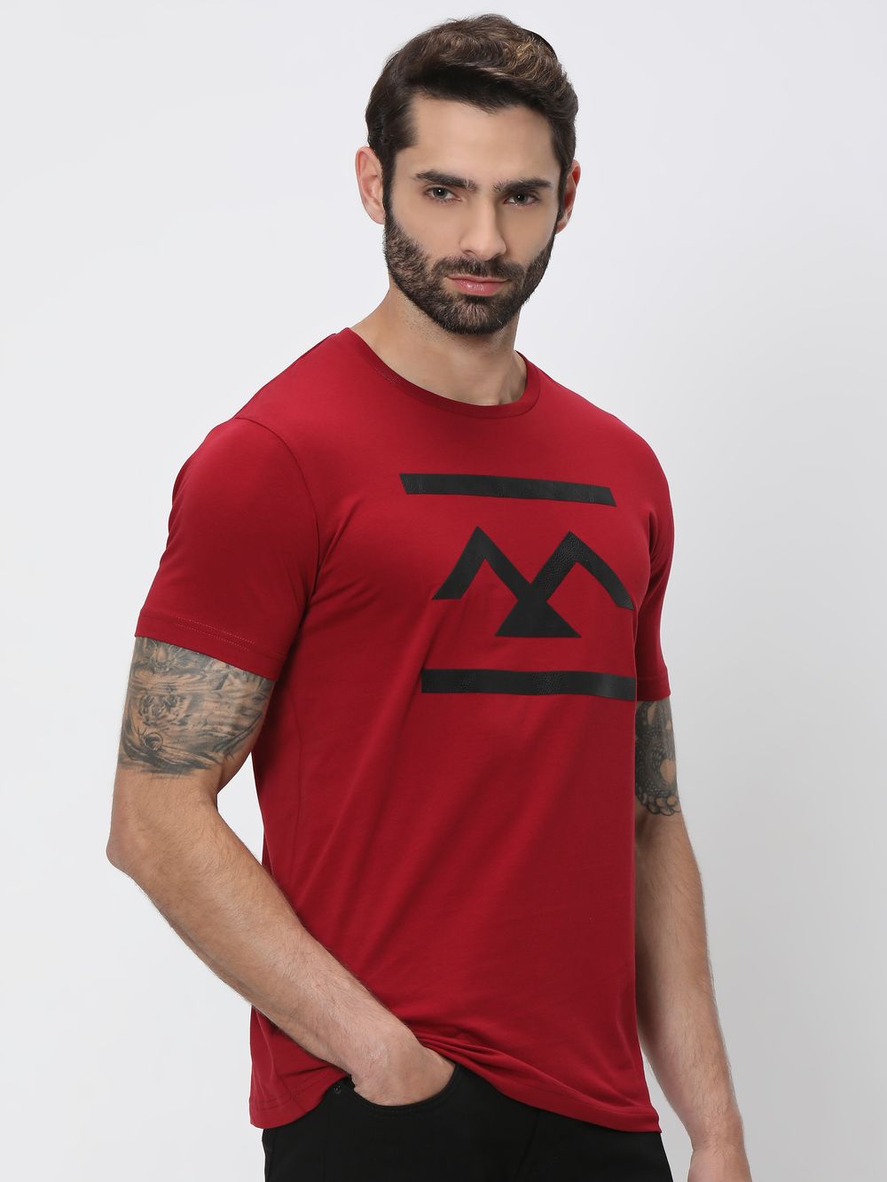 Maroon Textured Logo Slim Fit Graphic Tee