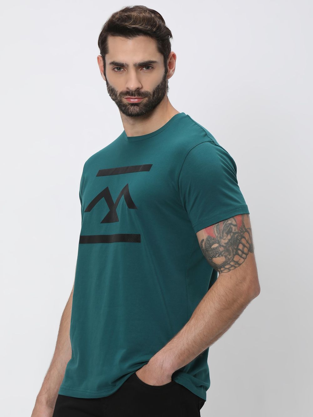 Teal Textured Logo Slim Fit Graphic Tee