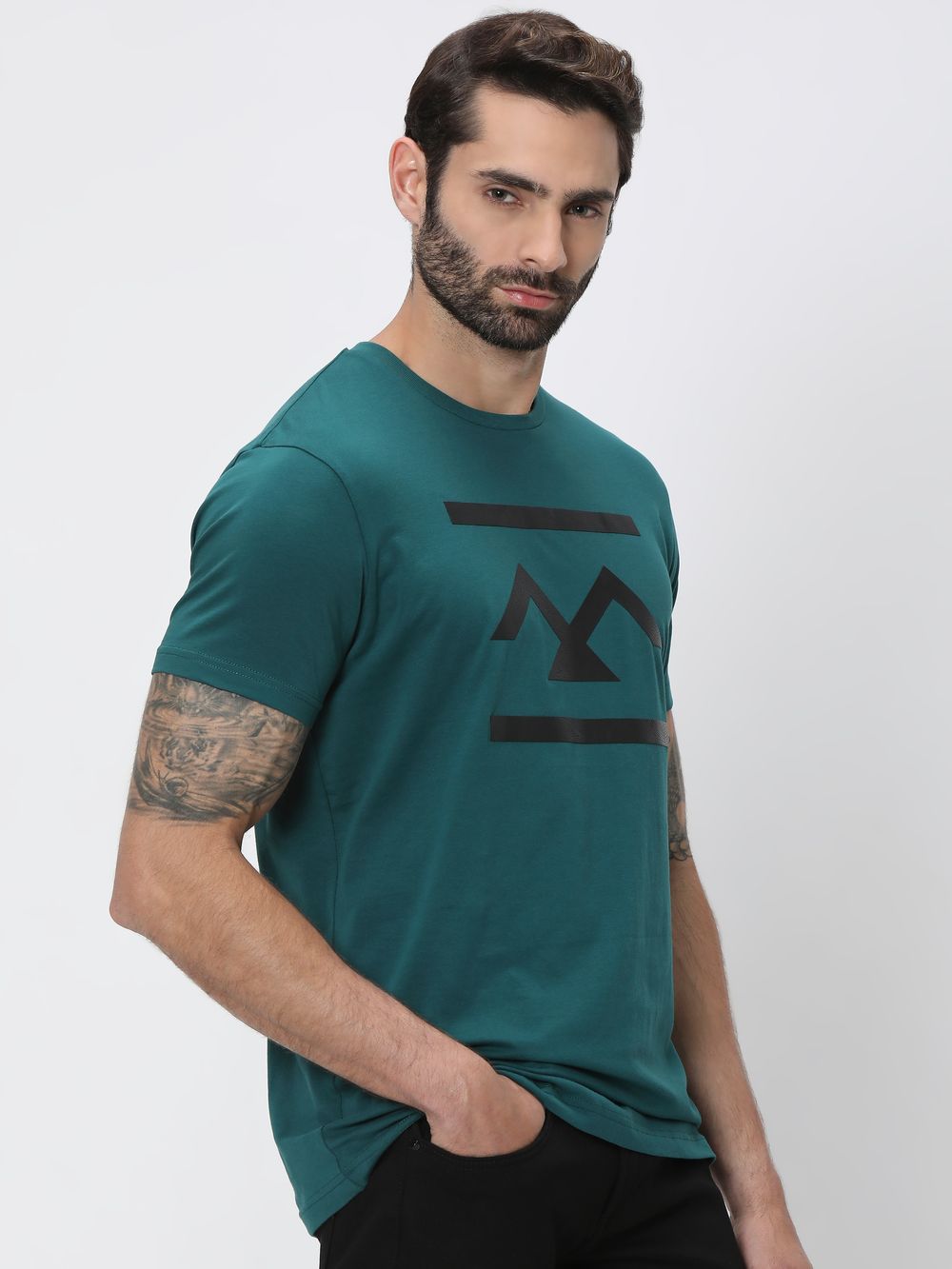 Teal Textured Logo Slim Fit Graphic Tee