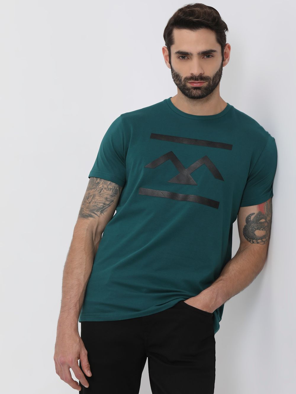 Teal Textured Logo Slim Fit Graphic Tee