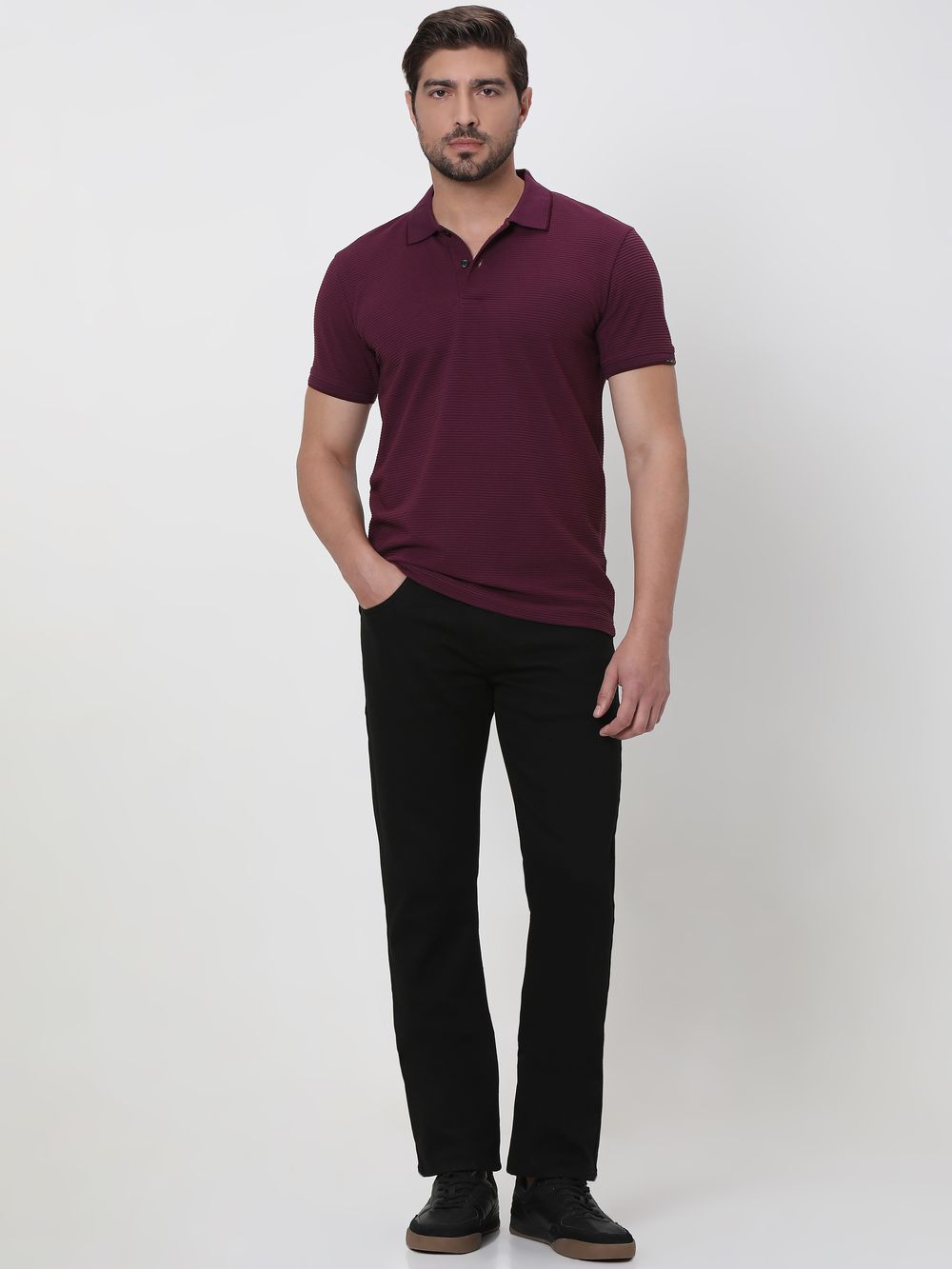 Maroon Textured Plain Slim Fit Polo