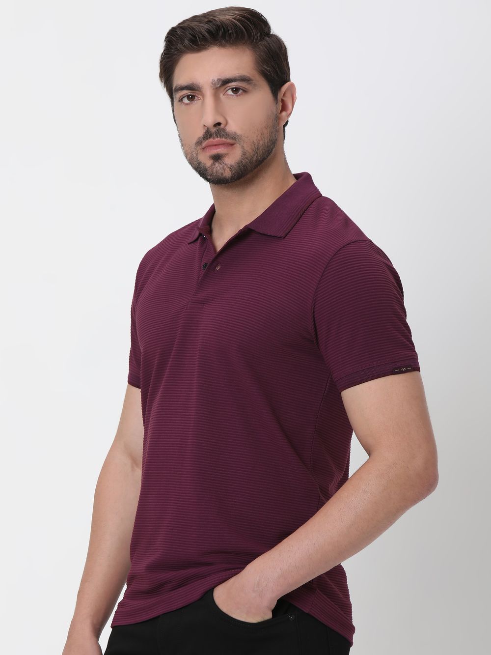 Maroon Textured Plain Slim Fit Polo