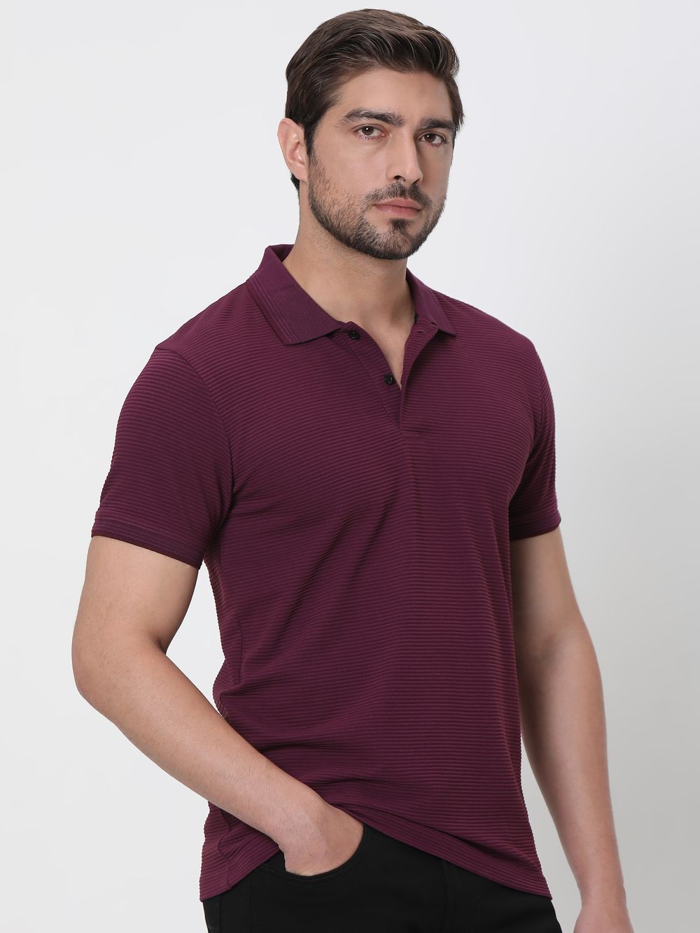 Maroon Textured Plain Slim Fit Polo