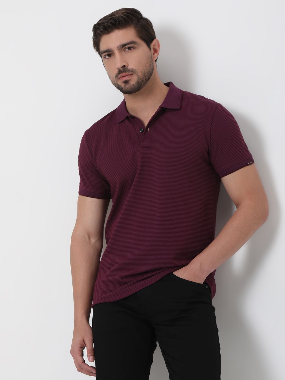 Maroon Textured Plain Slim Fit Polo