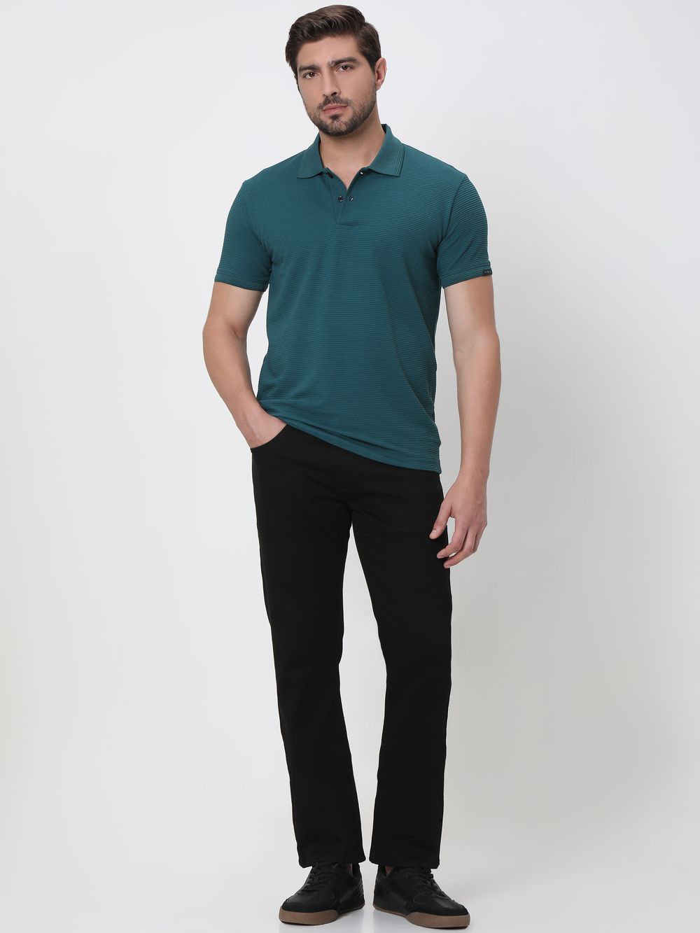 Teal Textured Plain Slim Fit Polo