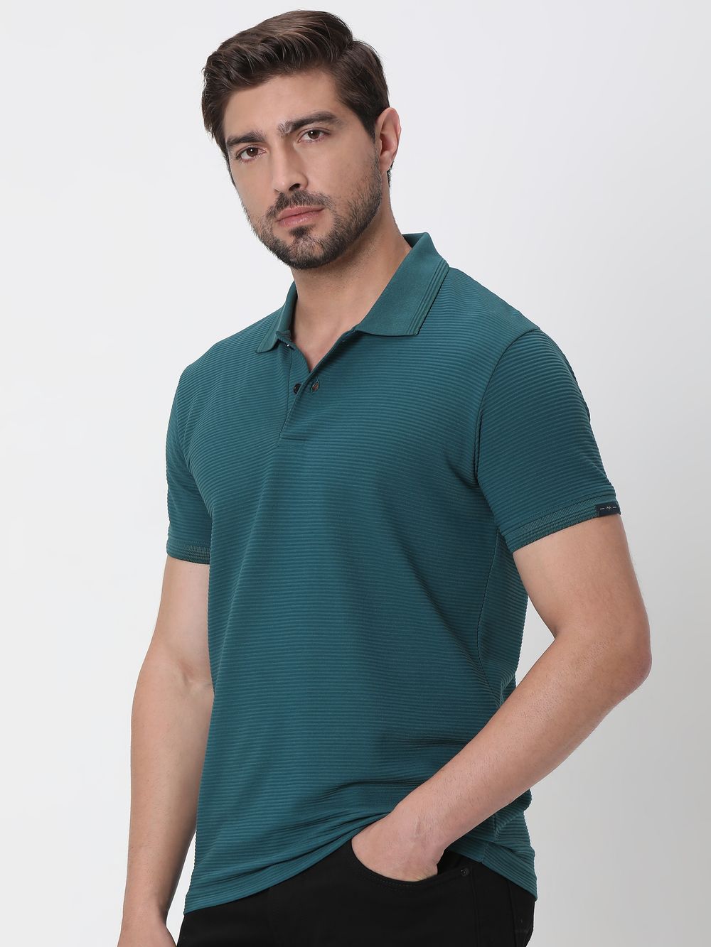 Teal Textured Plain Slim Fit Polo
