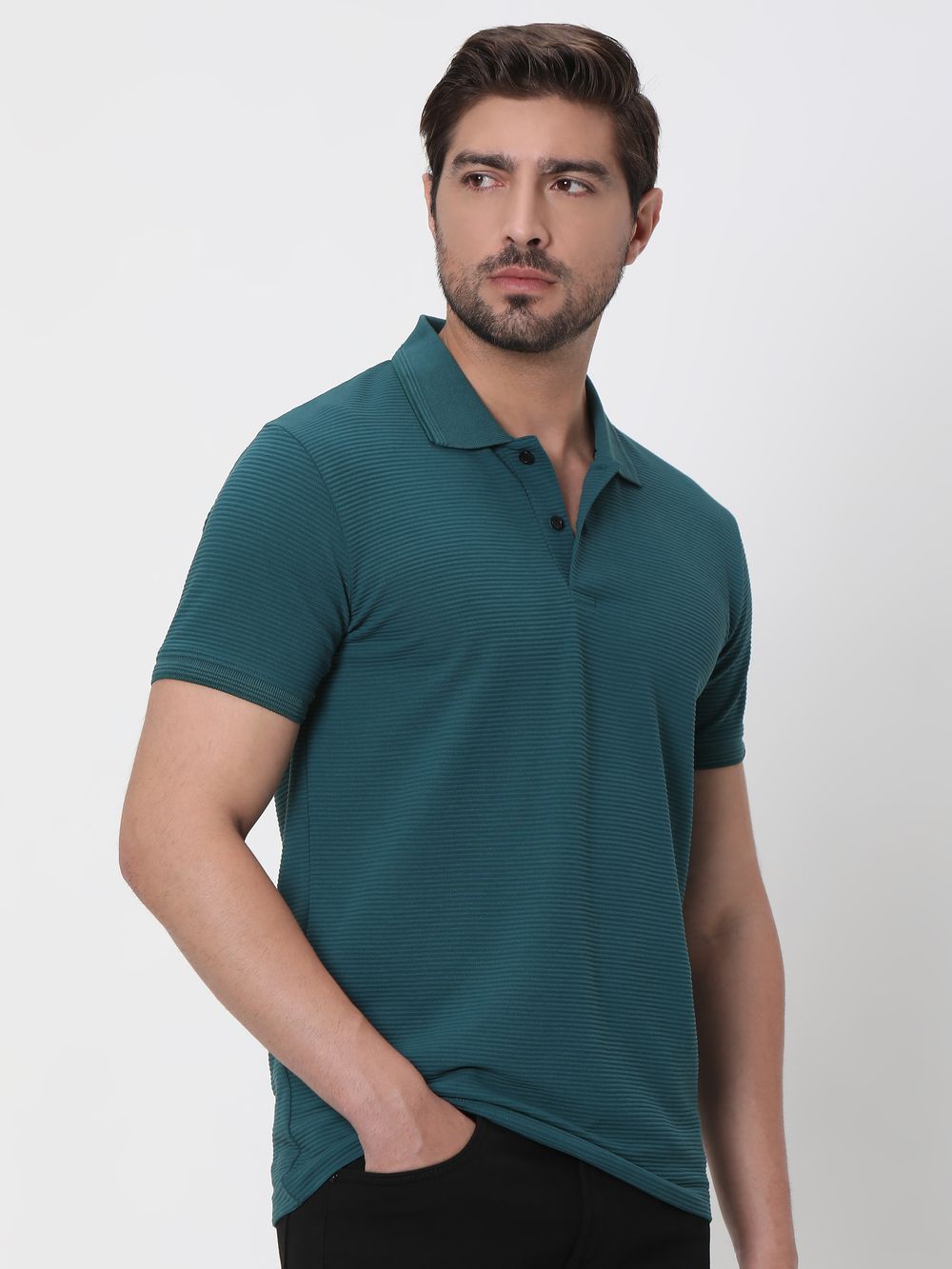 Teal Textured Plain Slim Fit Polo