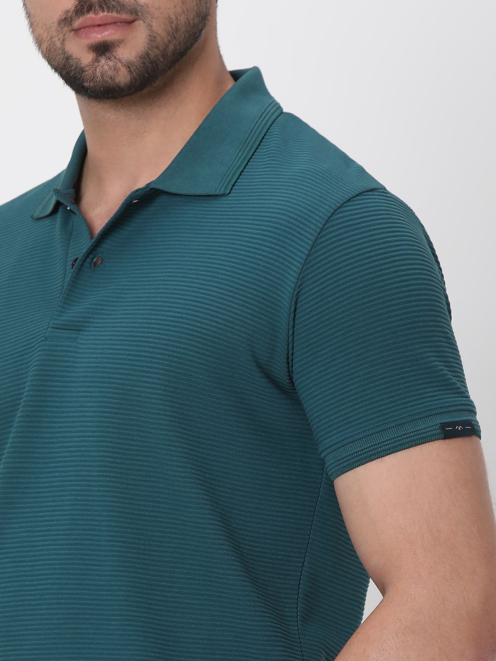 Teal Textured Plain Slim Fit Polo