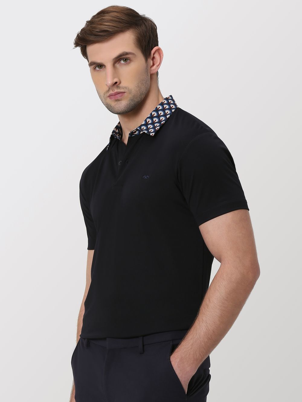 Navy Printed Collar Slim Fit Polo