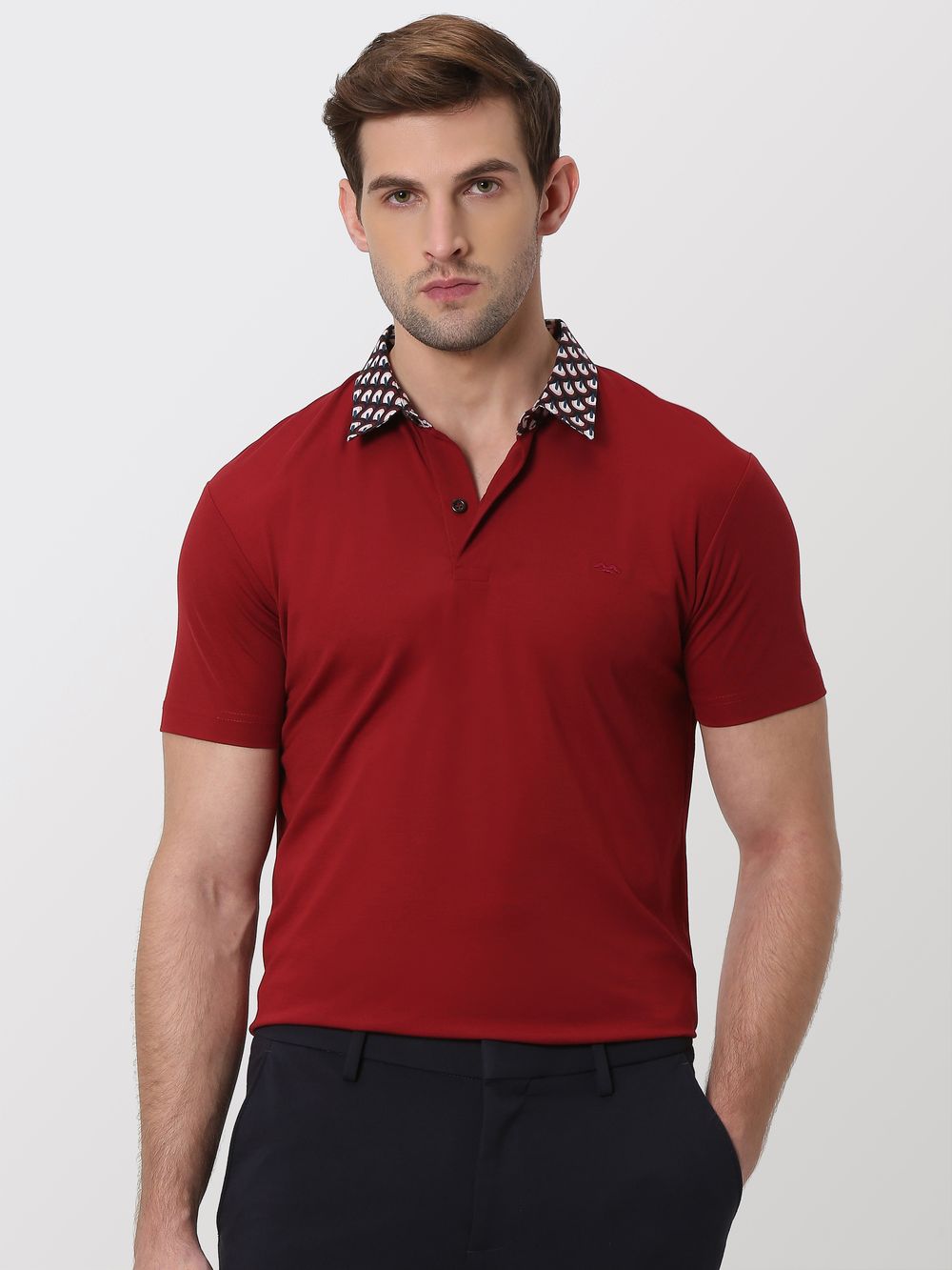 Maroon Printed Collar Slim Fit Polo T-Shirt