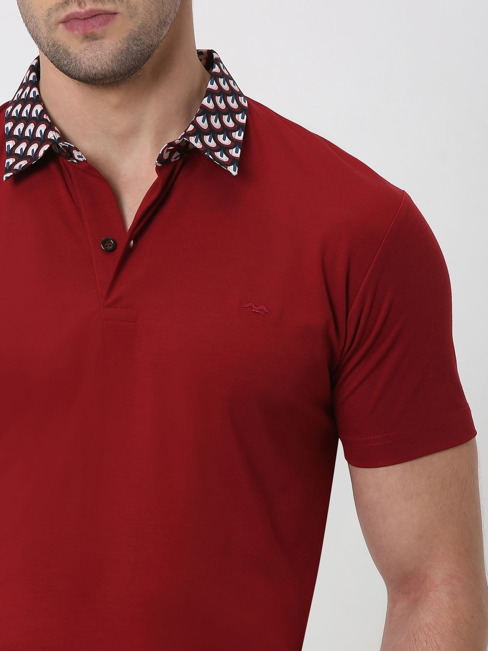 Maroon Printed Collar Slim Fit Polo T-Shirt