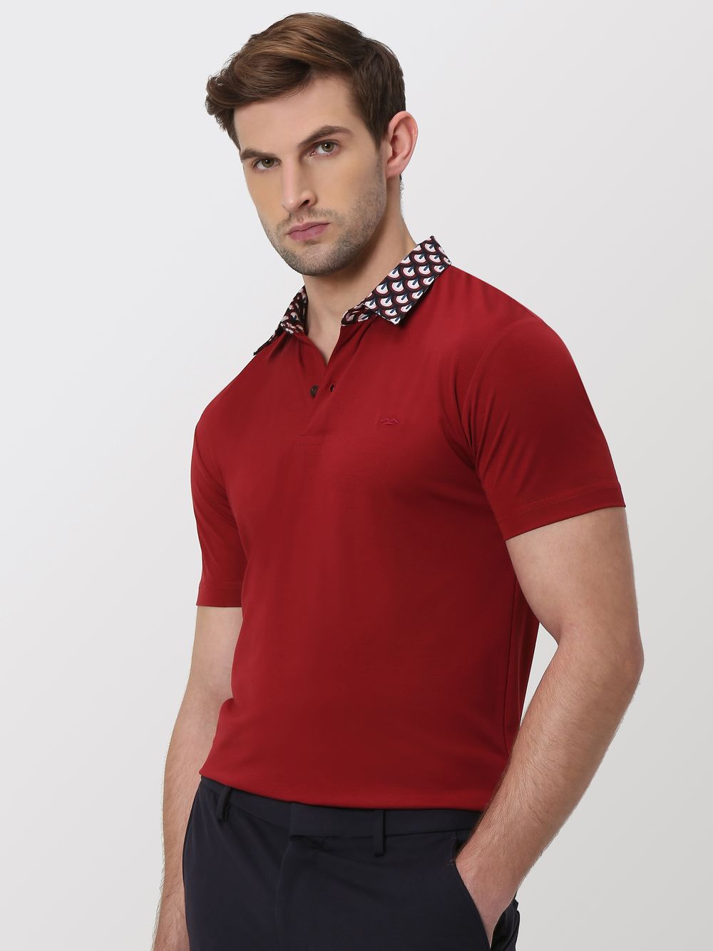 Maroon Printed Collar Slim Fit Polo T-Shirt