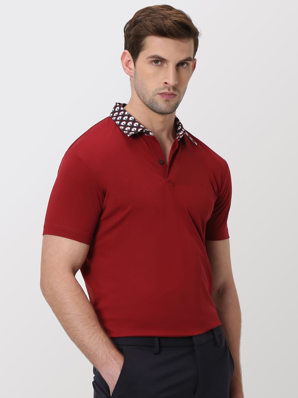 Maroon Printed Collar Slim Fit Polo T-Shirt