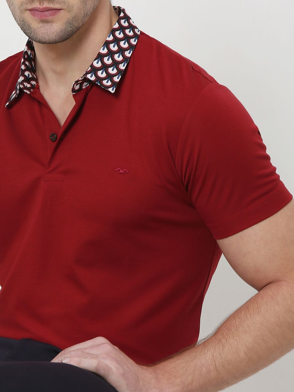 Maroon Printed Collar Slim Fit Polo T-Shirt