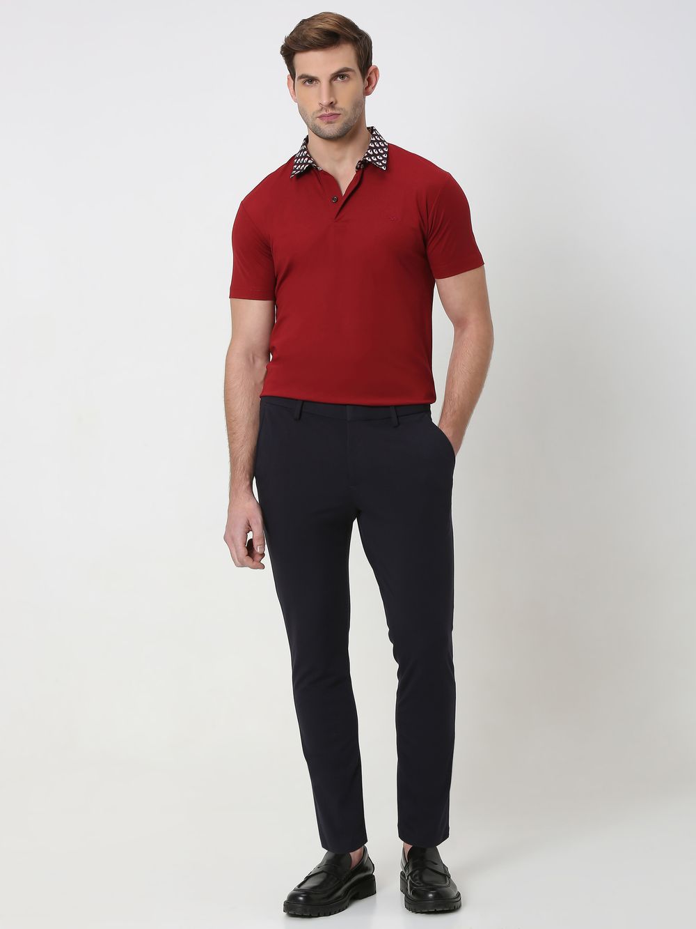 Maroon Printed Collar Slim Fit Polo T-Shirt