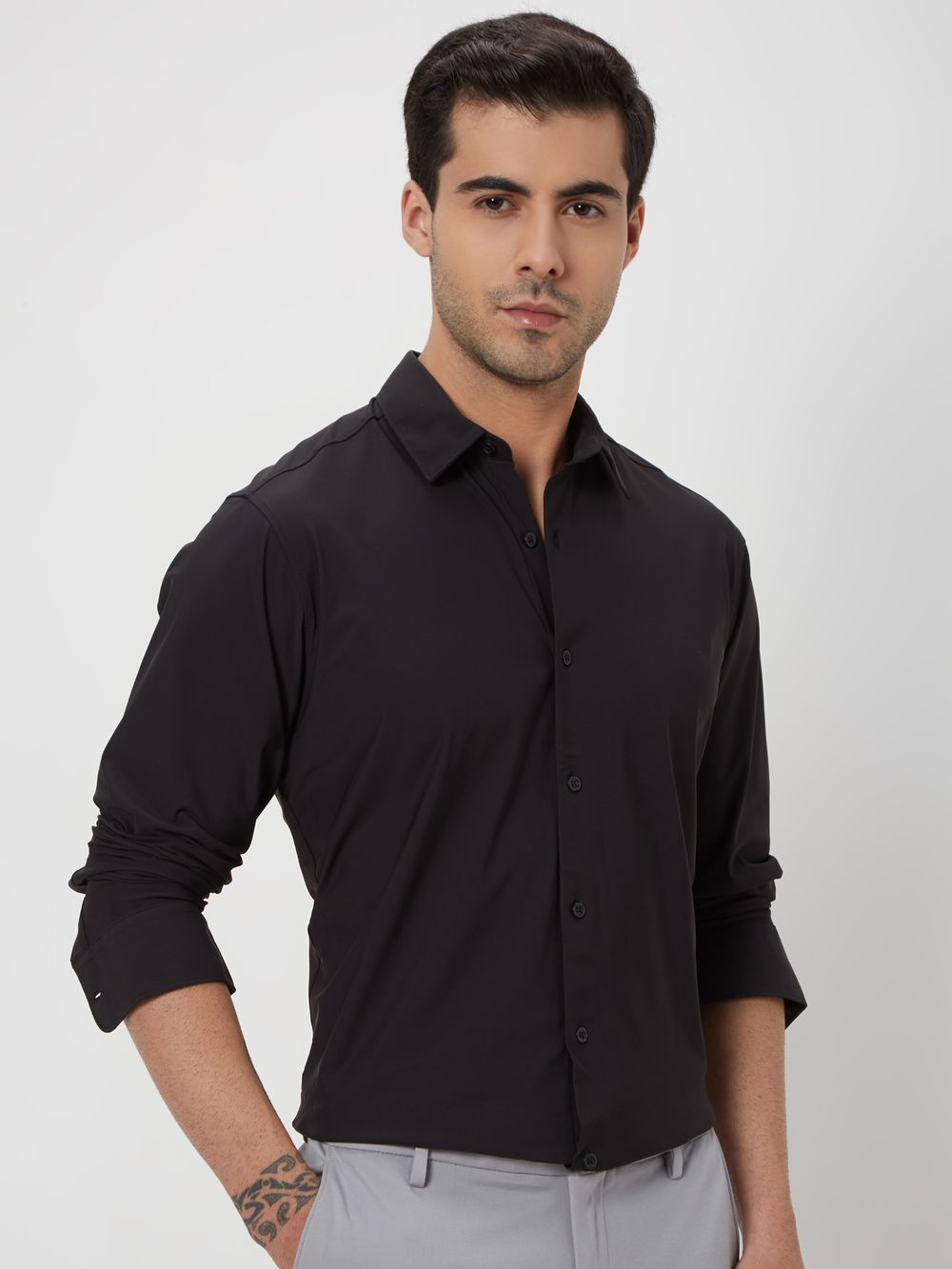 Black Knitted Plain Stretch Shirt