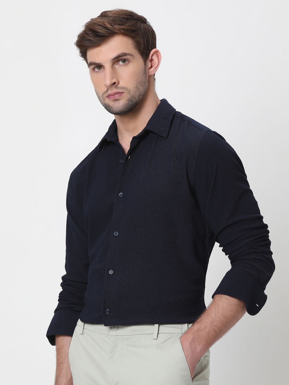 Navy Textured Plain Shirt