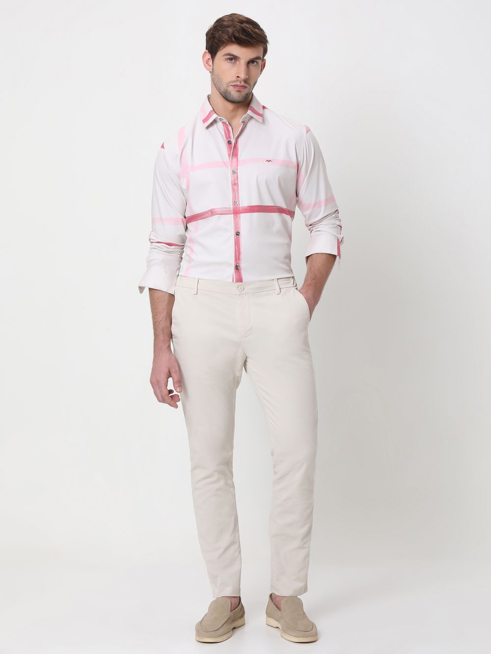 Pink Painted Check Slim Fit Casual