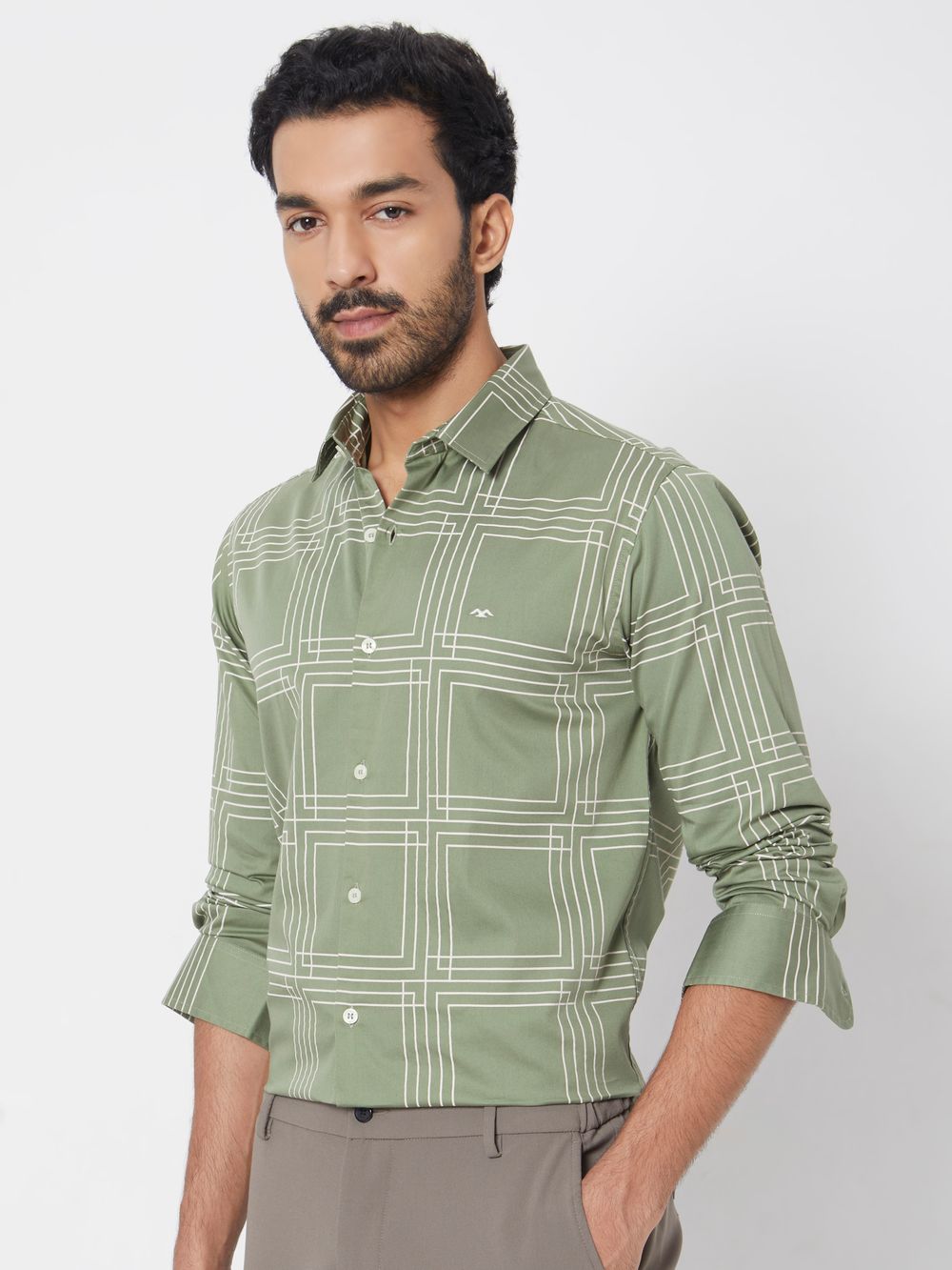 Olive & White Printed Check Slim Fit Casual Shirt