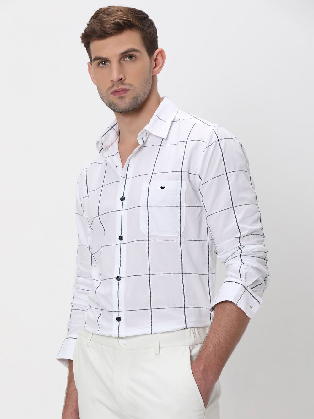 White Windowpane Check Slim Fit Casual Shirt