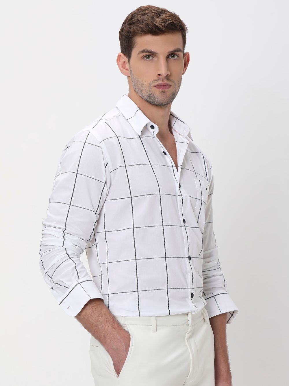 White Windowpane Check Slim Fit Casual Shirt