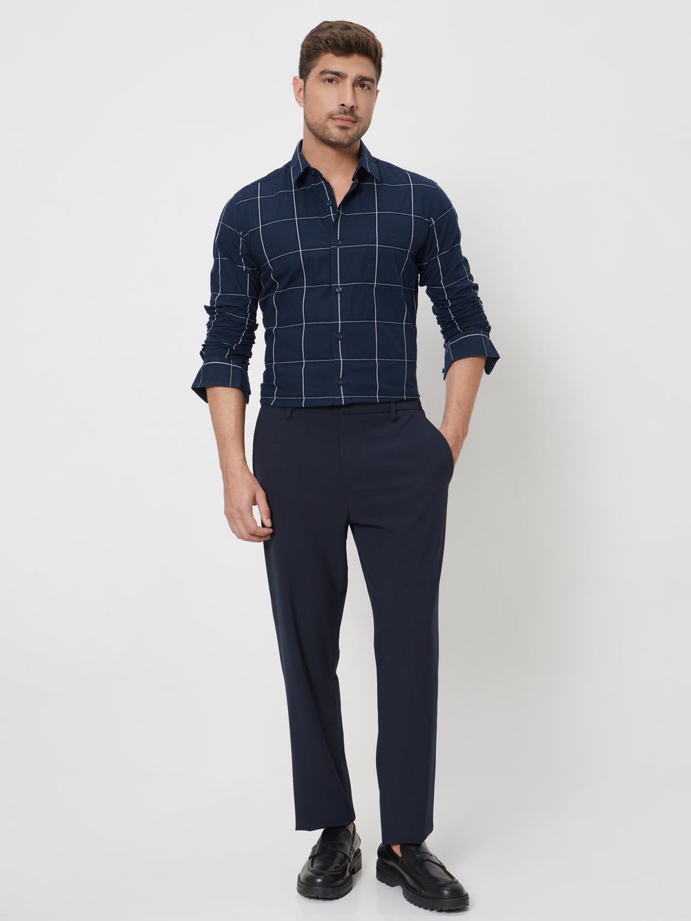 Navy Windowpane Check Slim Fit Casual Shirt