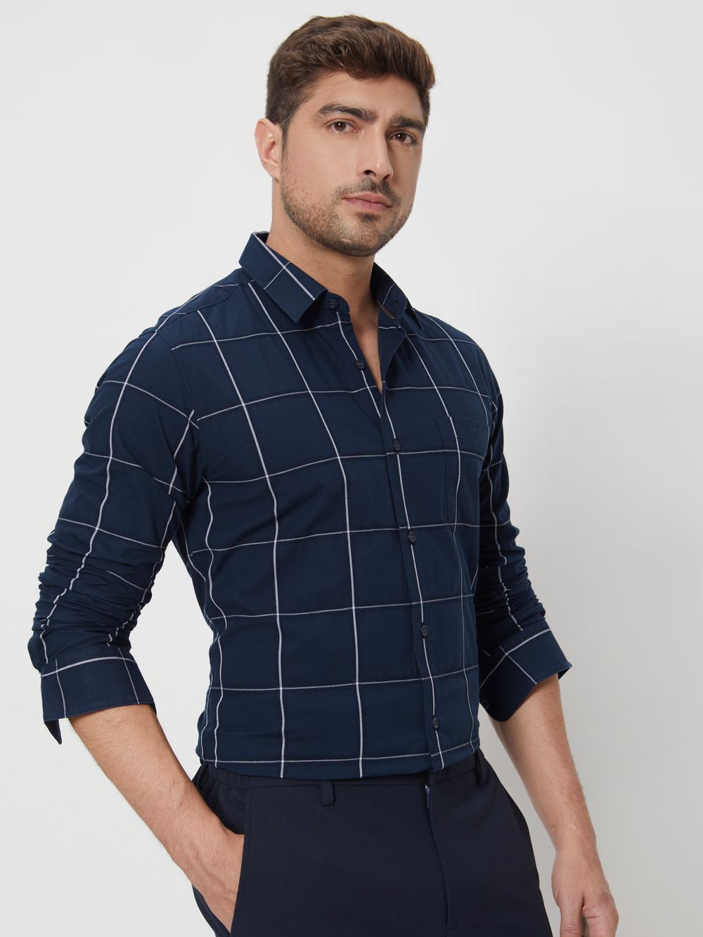 Navy Windowpane Check Slim Fit Casual Shirt