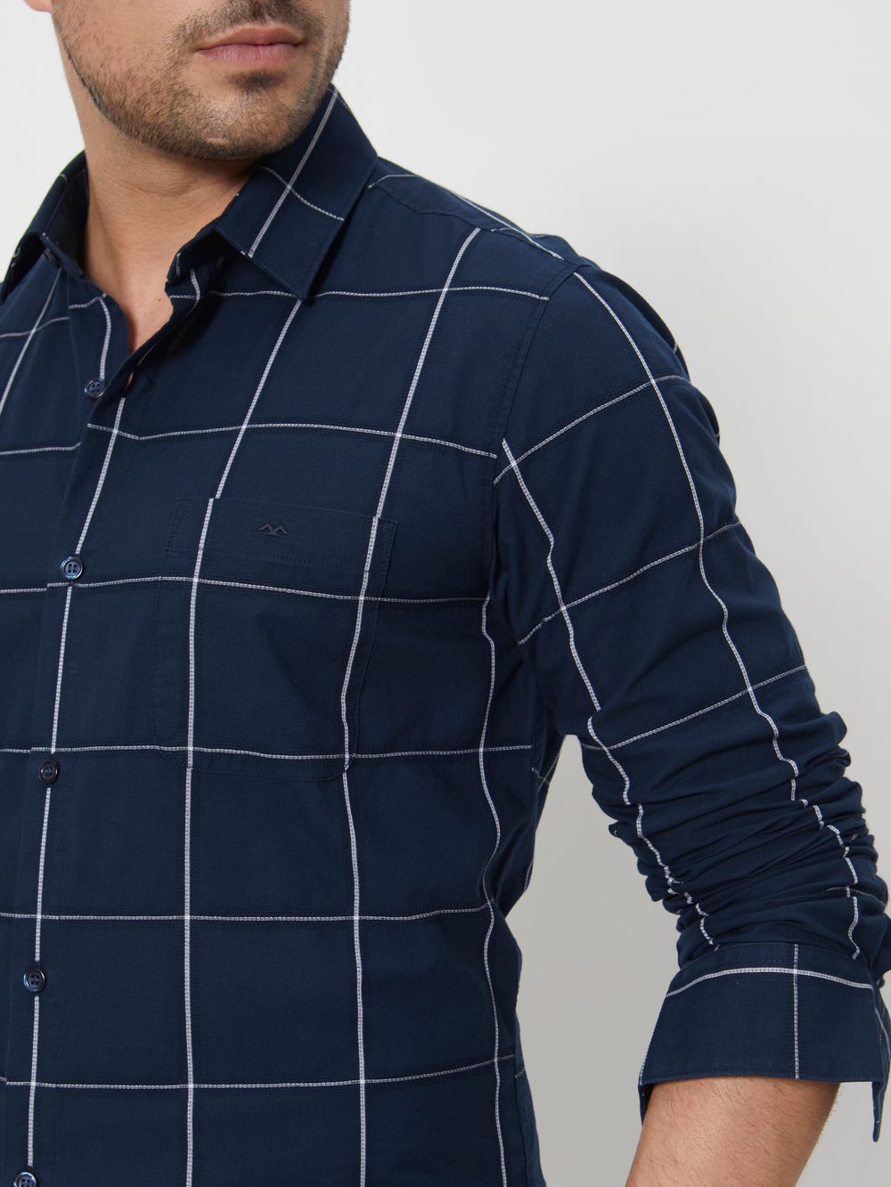 Navy Windowpane Check Slim Fit Casual Shirt