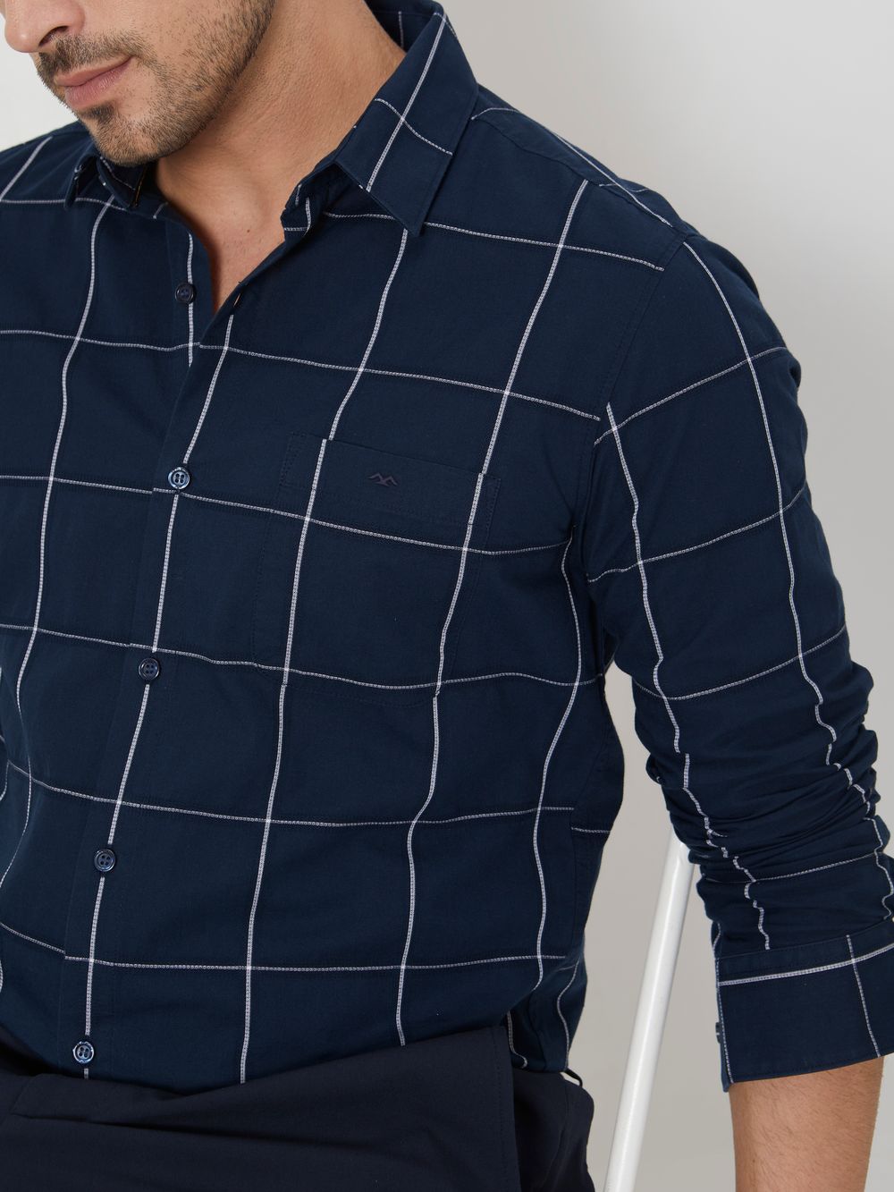 Navy Windowpane Check Slim Fit Casual Shirt