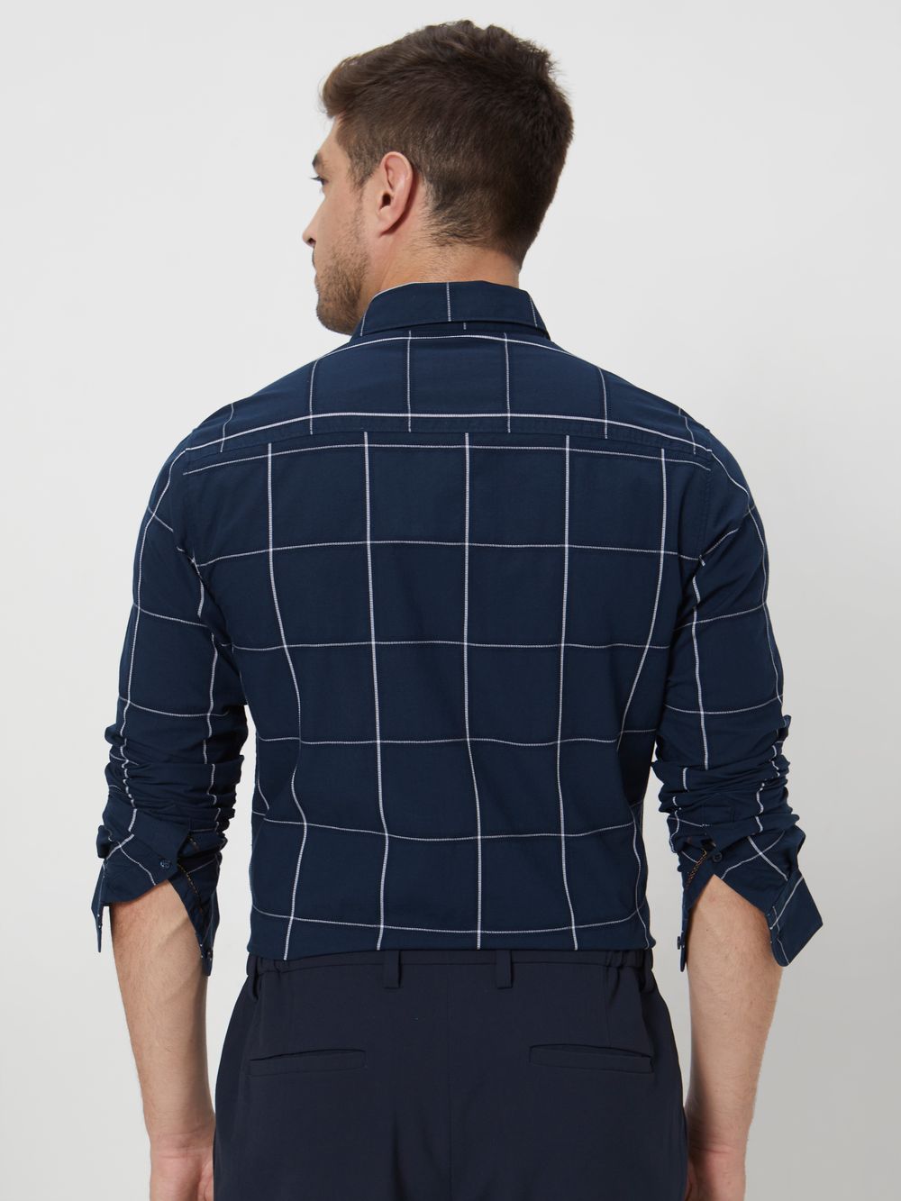 Navy Windowpane Check Slim Fit Casual Shirt