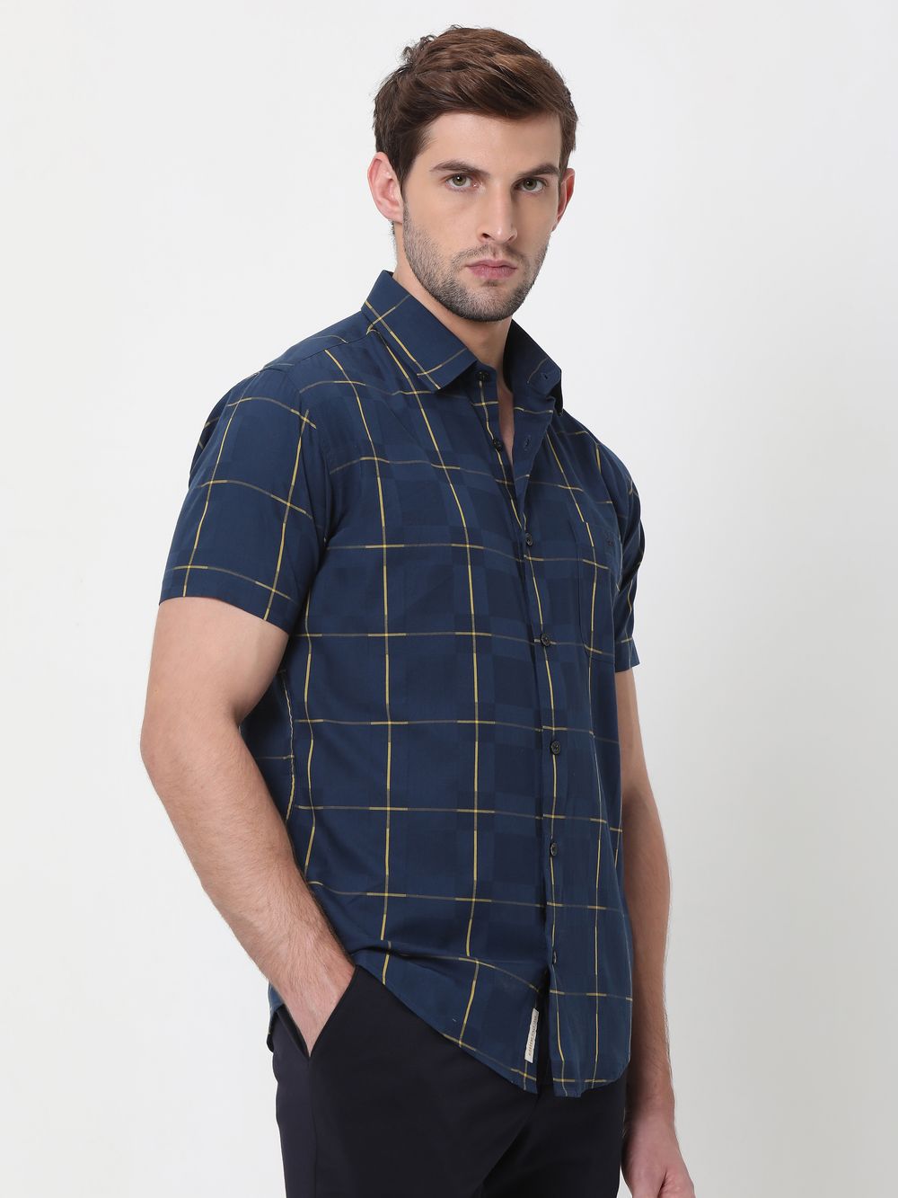 Navy Windowpane Check Slim Fit Casual Shirt