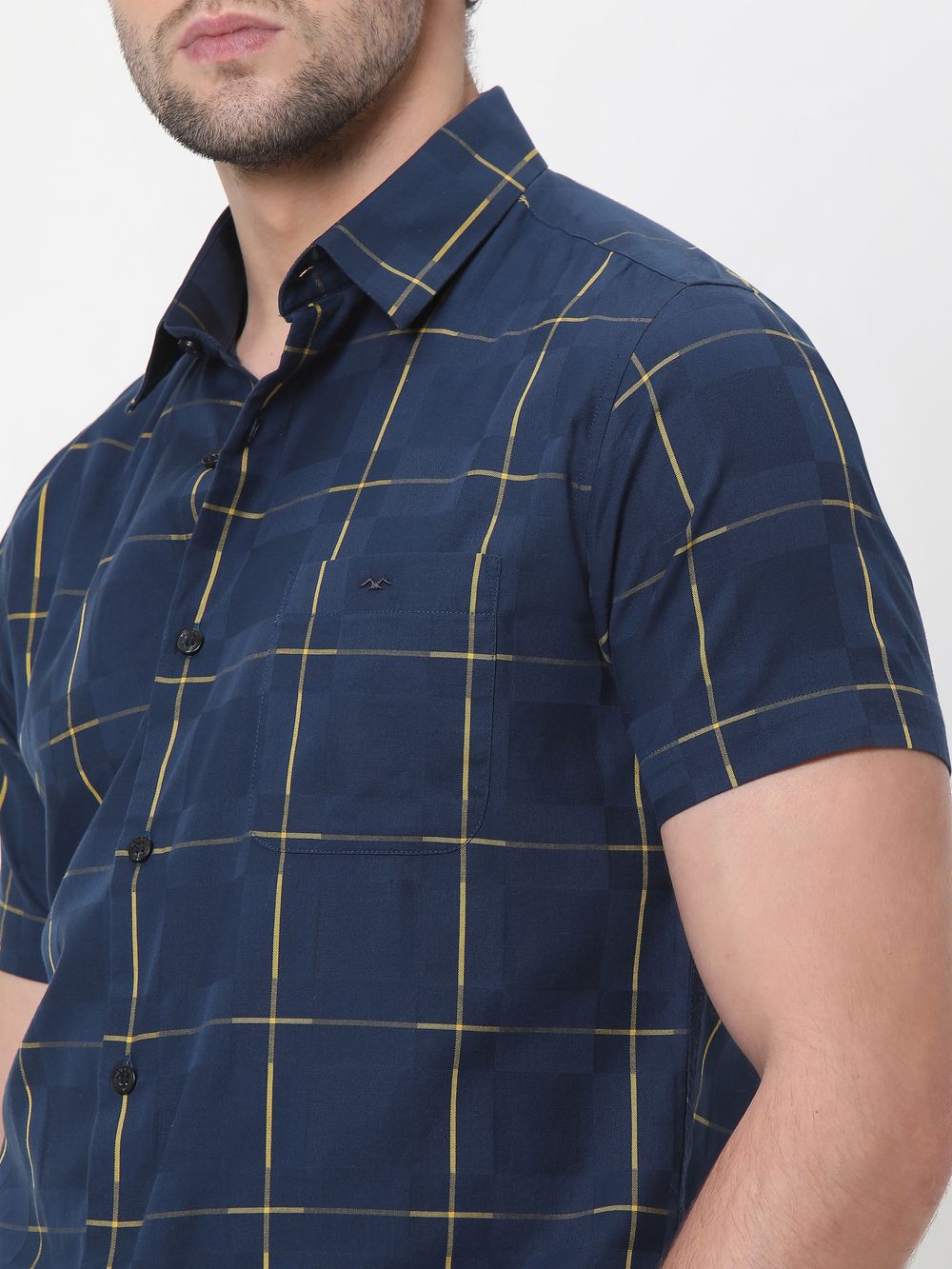 Navy Windowpane Check Slim Fit Casual Shirt