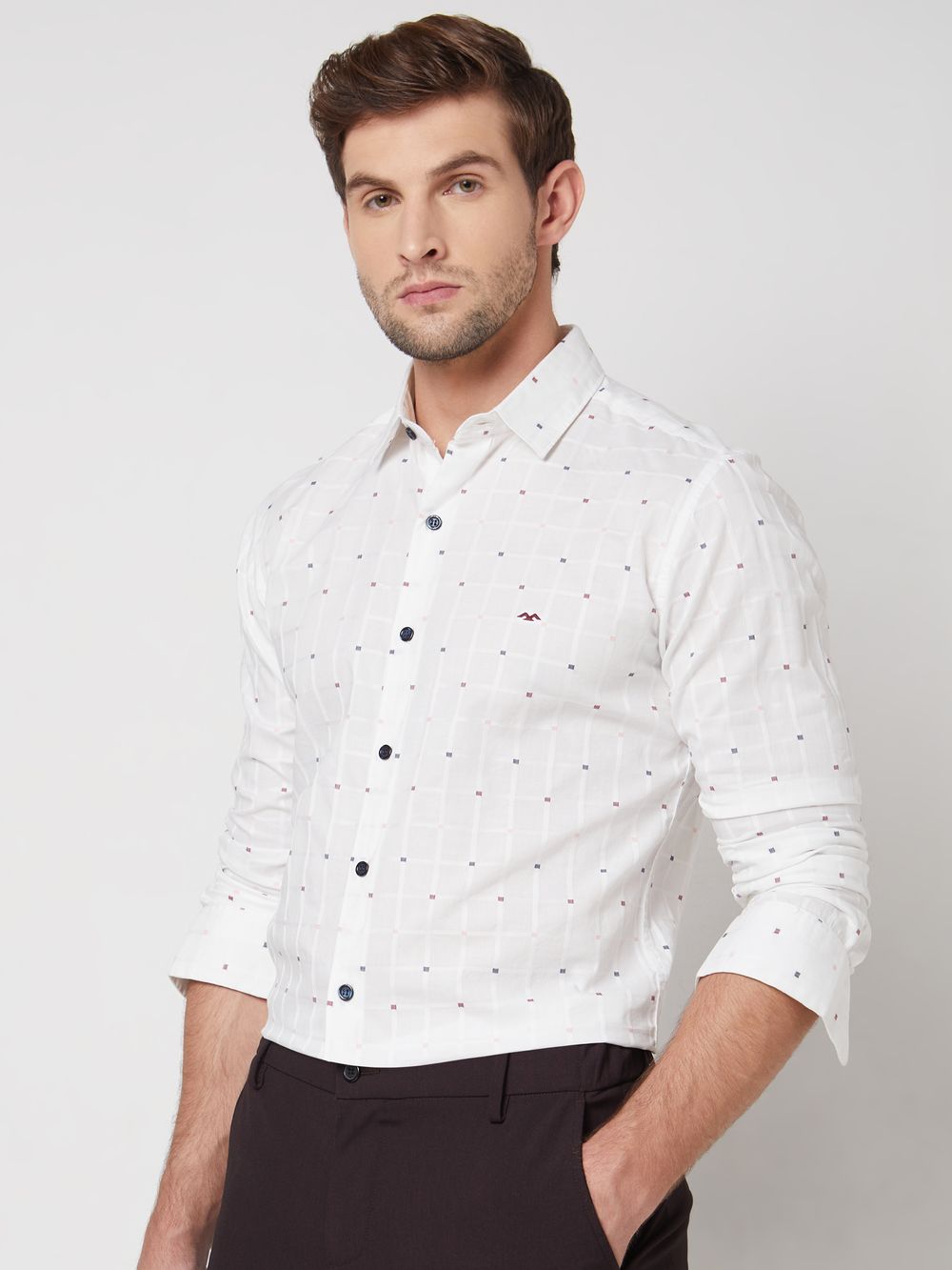 White Textured Check Slim Fit Casual Shirt