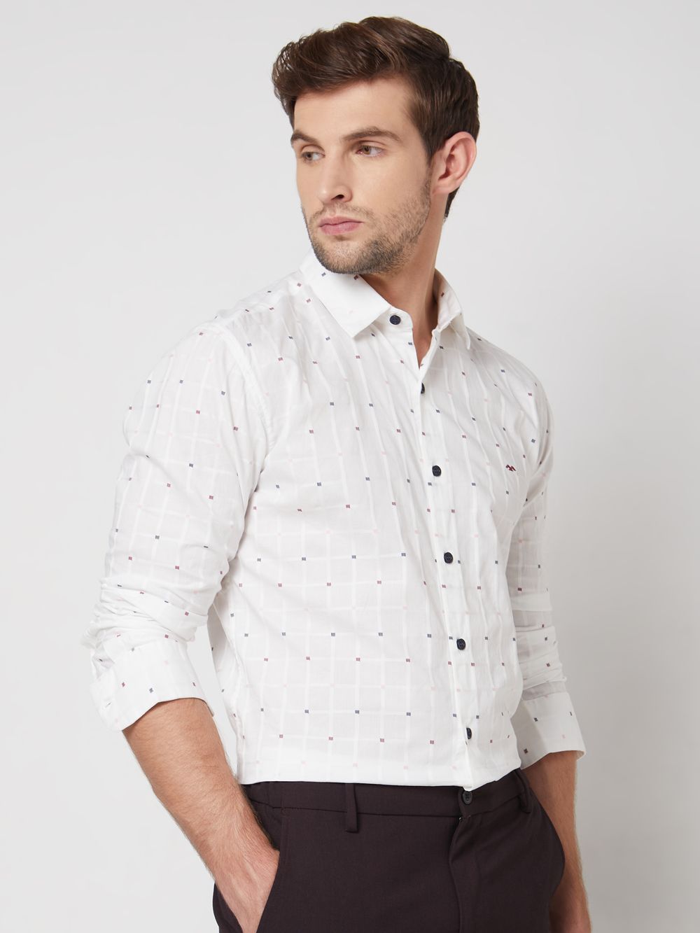 White Textured Check Slim Fit Casual Shirt