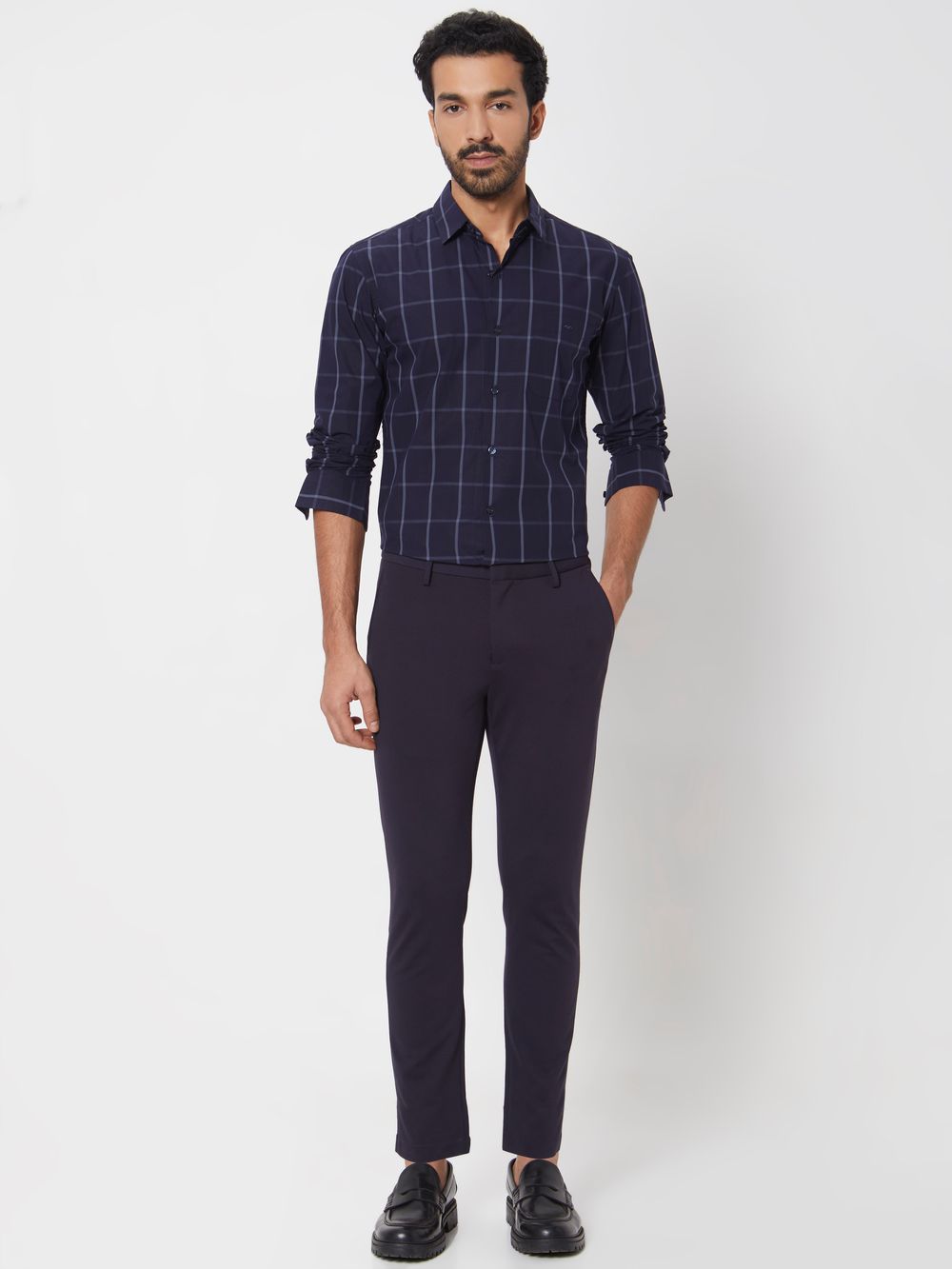 Navy Windowpane Check Slim Fit Casual Shirt