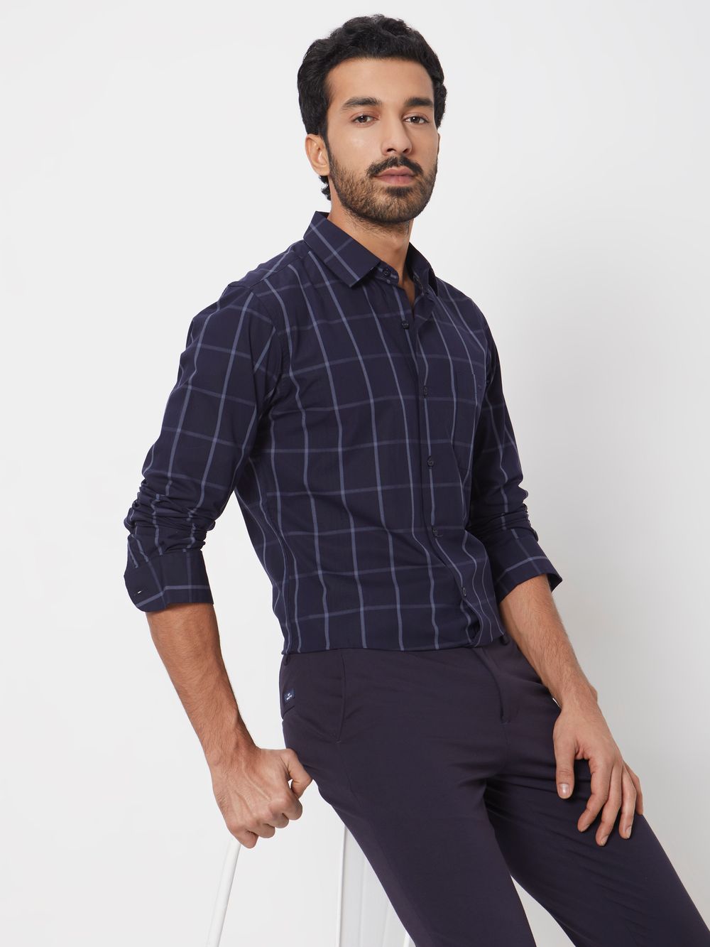 Navy Windowpane Check Slim Fit Casual Shirt